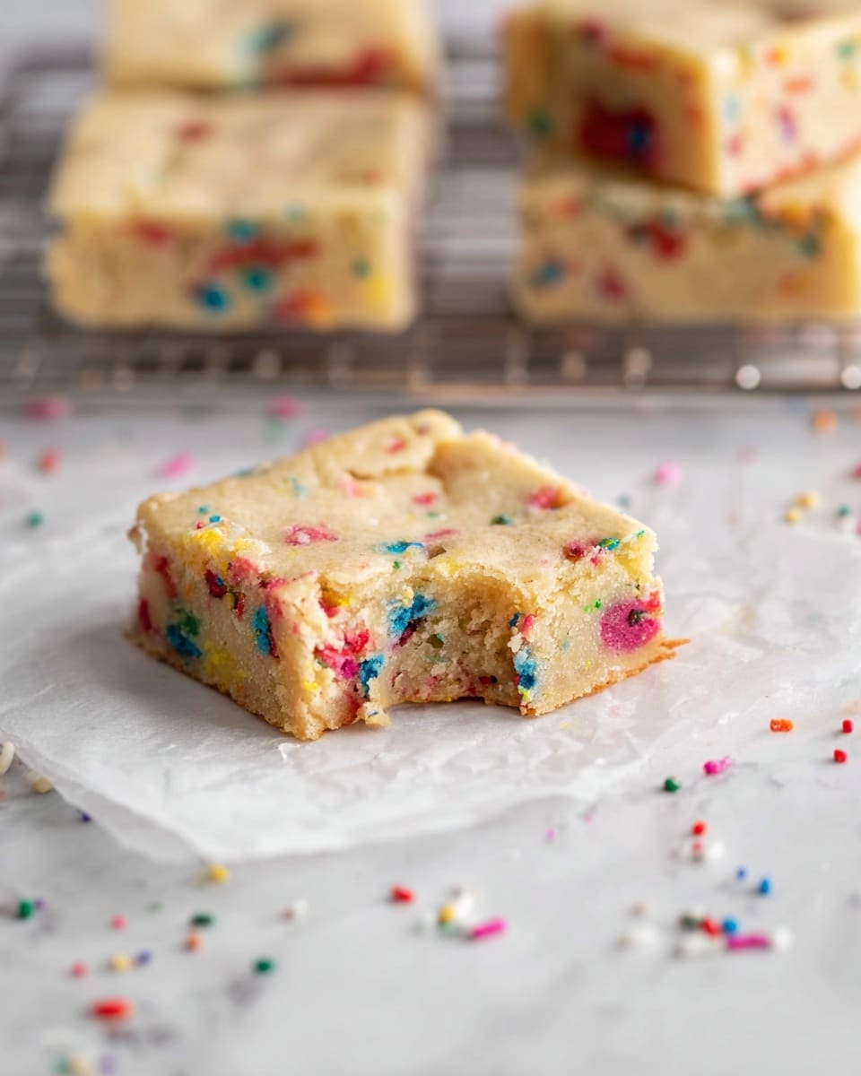 A close-up image of a single square blondie with a bite taken out of it, showing a soft and moist inside filled with colorful sprinkles in red, blue, yellow, and green. The blondie has a light beige top layer with a slightly cracked texture, sitting on a piece of white parchment paper placed on a cooling rack. In the background, there are other similar square blondies slightly out of focus on the same white marbled surface, with scattered sprinkles around. The photo taken with an iphone --ar 4:5 --v 7