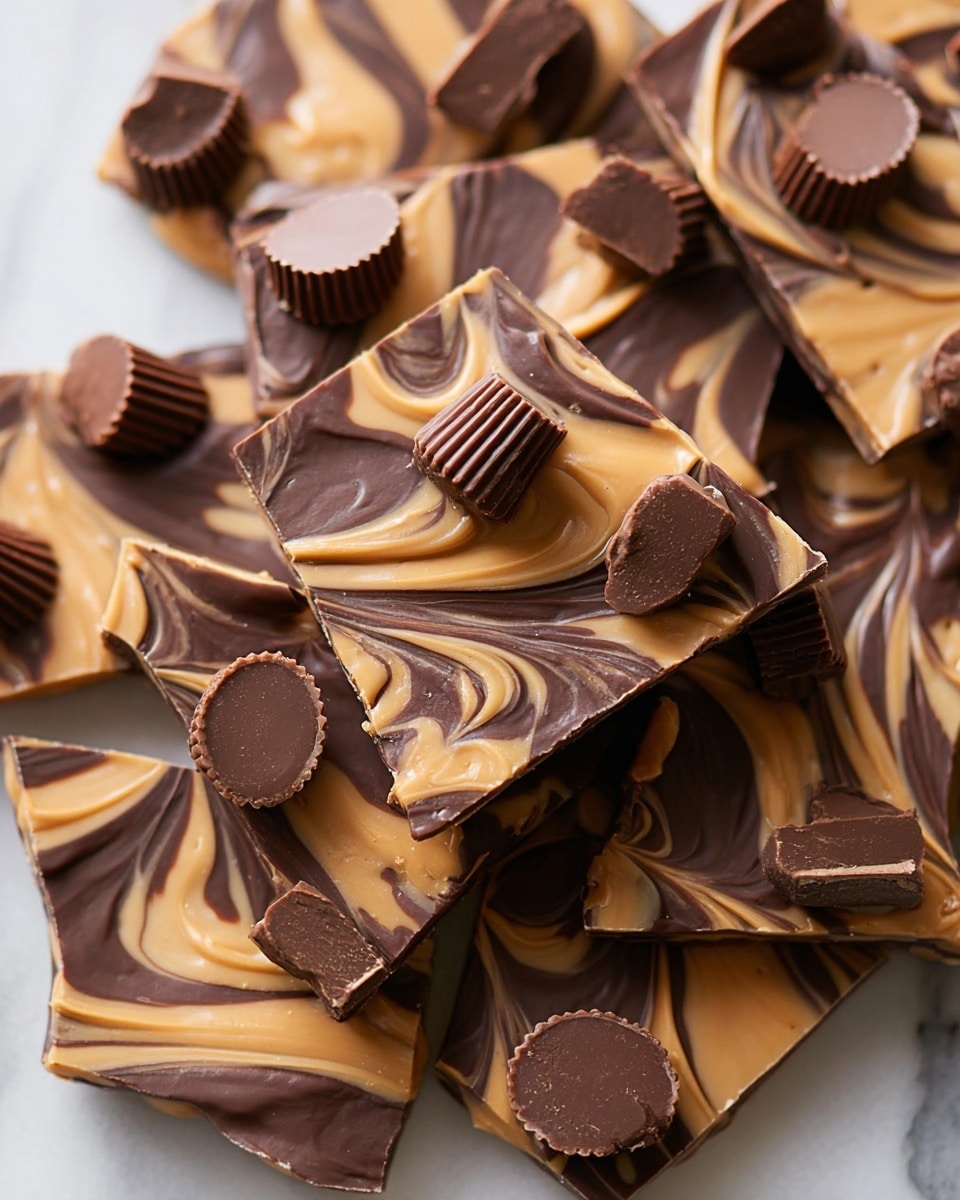 This image shows many pieces of chocolate bark stacked together. Each piece has two main layers: a dark brown chocolate base and a light brown peanut butter swirl on top. The peanut butter is swirled smoothly and looks creamy, blending with the dark chocolate in a nice pattern. On top of each piece, small chocolate peanut butter cups are placed, some whole and some with a flat top, adding texture and interest. The chocolate bark pieces are arranged irregularly on a white marbled surface, highlighting their rich, smooth textures and colors. photo taken with an iphone --ar 4:5 --v 7