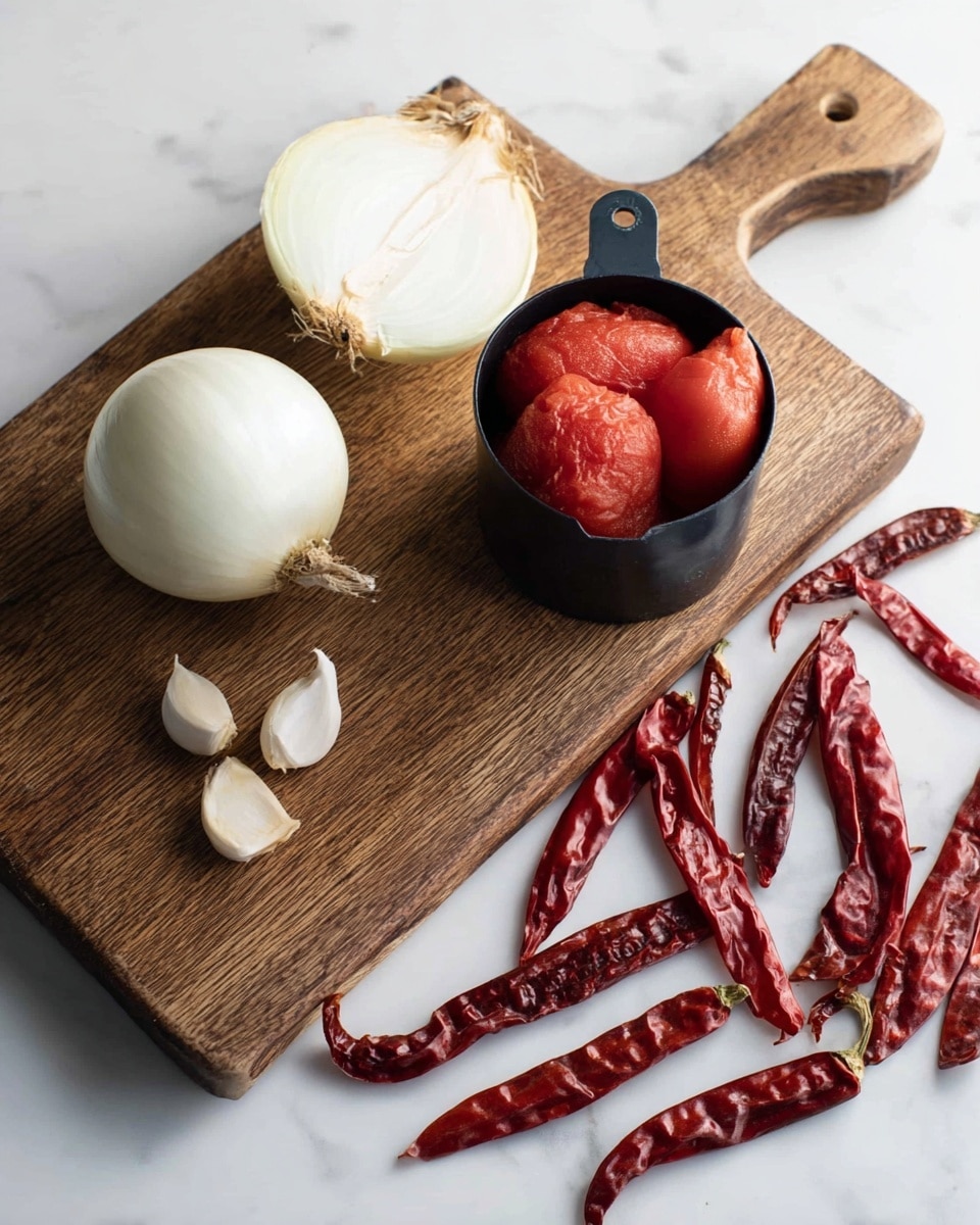 A wooden cutting board sits on a white marbled surface, holding a half white onion placed at the top left, a whole garlic bulb with two peeled garlic cloves just below it, and a black measuring cup filled with peeled red tomatoes positioned at the bottom right of the cutting board. Scattered on the white marbled surface next to the cutting board are multiple dried red chili peppers, creating a contrast with their deep red color against the white marbled background. Photo taken with an iphone --ar 4:5 --v 7