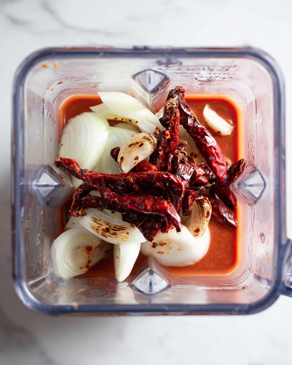Inside a clear blender, there are three main layers of ingredients. The bottom layer is a thick, red sauce covering the blender base. Above the sauce is a layer of white onion slices, some with light brown grilled marks adding a slightly charred texture. On top of the onions lies a scattered layer of whole dried red chili peppers with a deep red color and wrinkled texture, along with a few pieces of grilled garlic that have dark char marks. The background is a white marbled surface. Photo taken with an iphone --ar 4:5 --v 7