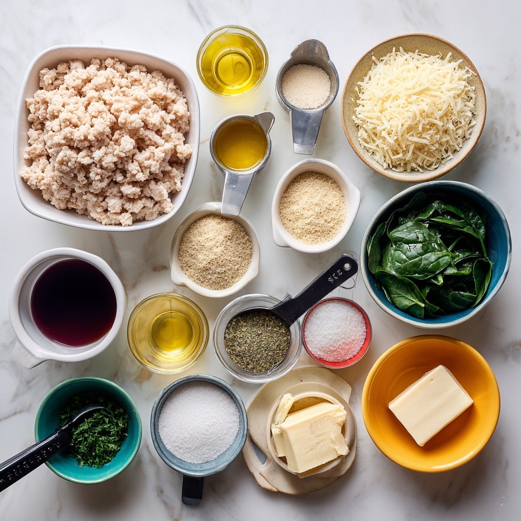 The image shows a variety of cooking ingredients arranged neatly on a white marbled surface. At the top left is a white plastic container filled with pale pink ground chicken. To its right are two measuring cups: one filled with light tan panko breadcrumbs and another with shredded pale yellow parmesan cheese. Below these, small white bowls hold golden olive oil and fresh dark green spinach leaves in a glass measuring cup. Around the center are several small bowls and cups: a deep purple bowl with white salt, a green bowl with pale yellow garlic powder, an orange bowl with chopped dark green parsley, a dark blue bowl with a square of pale yellow butter, and a yellow bowl with minced light yellow garlic. Measuring cups with black handles contain white wine, heavy cream, and golden brown chicken broth, arranged among the bowls. A small red bowl contains white cornstarch, and a small pink bowl holds dried Italian seasoning. Each ingredient is clearly labeled in black text above or beside it. The overall scene is clean and bright, with everything placed on a white marbled background. Photo taken with an iphone --ar 4:5 --v 7