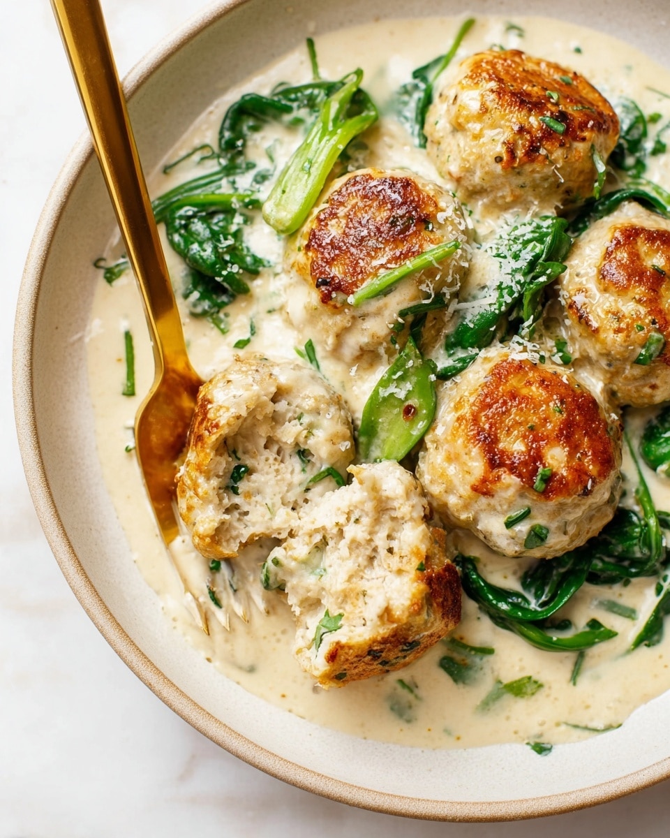 The image shows a white cast iron pan filled with about eighteen light brown meatballs that have a slightly crispy, browned surface. These meatballs are partially covered in a thick creamy sauce that is off-white with a smooth texture. Scattered among the meatballs are bright green cooked spinach leaves, adding a fresh pop of color. The sauce has small specks of black pepper and herbs sprinkled on top. The pan sits on a white marbled surface that brightens the scene. Photo taken with an iphone --ar 4:5 --v 7