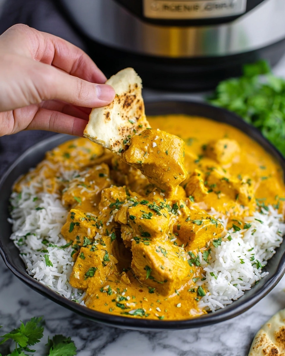 A black bowl filled with three clear layers: the right side has white rice with pieces of green herbs scattered on top, the left side has chunks of yellow curry chicken covered in a thick orange-yellow sauce with small green herb pieces sprinkled over it, and in the back, two pieces of white flatbread with brown char marks rest against the curry. The bowl sits on a white marbled surface with some green herbs scattered around it, and in the background, there is a bunch of fresh green cilantro. photo taken with an iphone --ar 4:5 --v 7