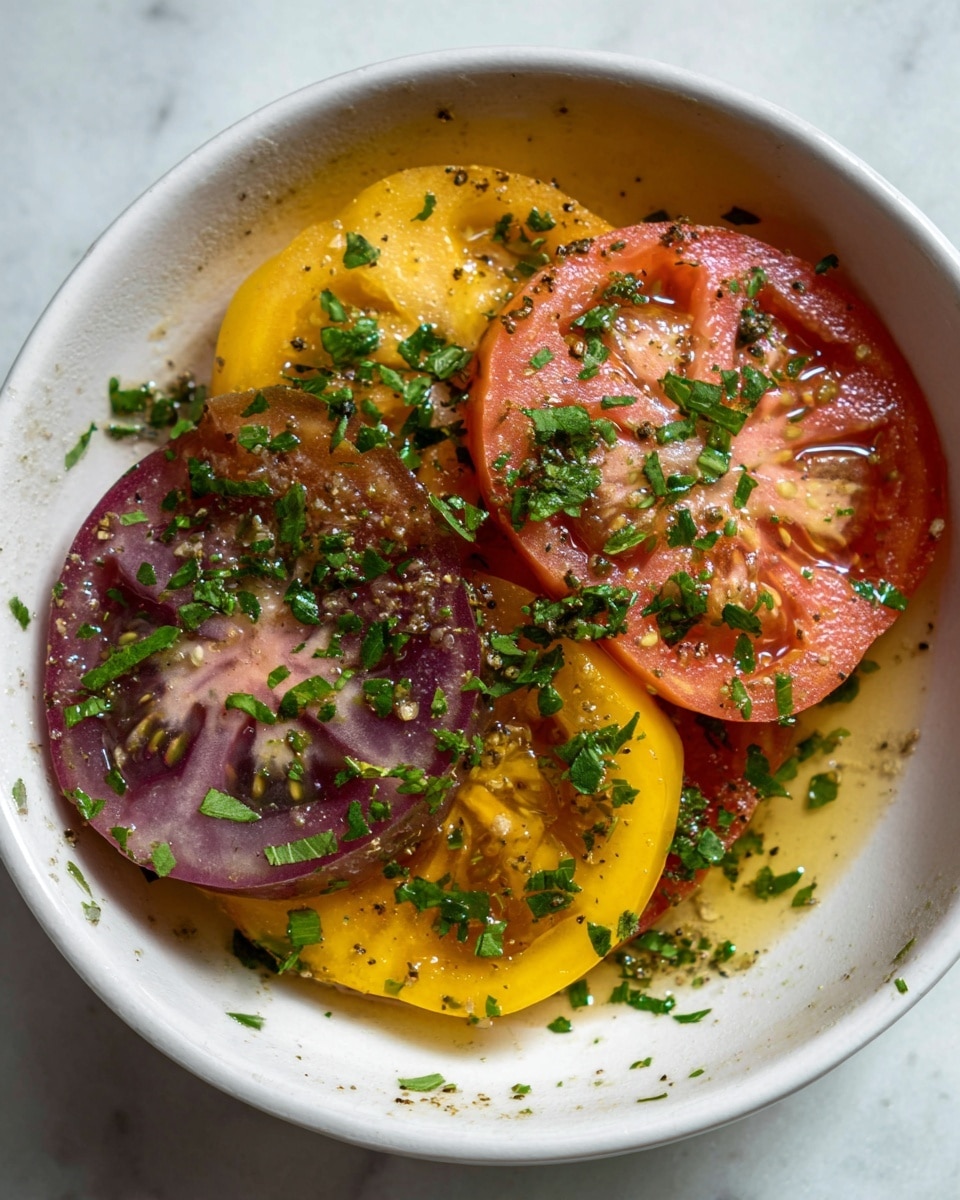 A white bowl with four tomato slices arranged inside: two larger yellow slices at the bottom and two smaller purple-red slices on top, all sprinkled with chopped green herbs and light dressing that gives a shiny texture on the tomato surfaces and bits scattered in the bowl; the bowl sits on a white marbled background. photo taken with an iphone --ar 4:5 --v 7