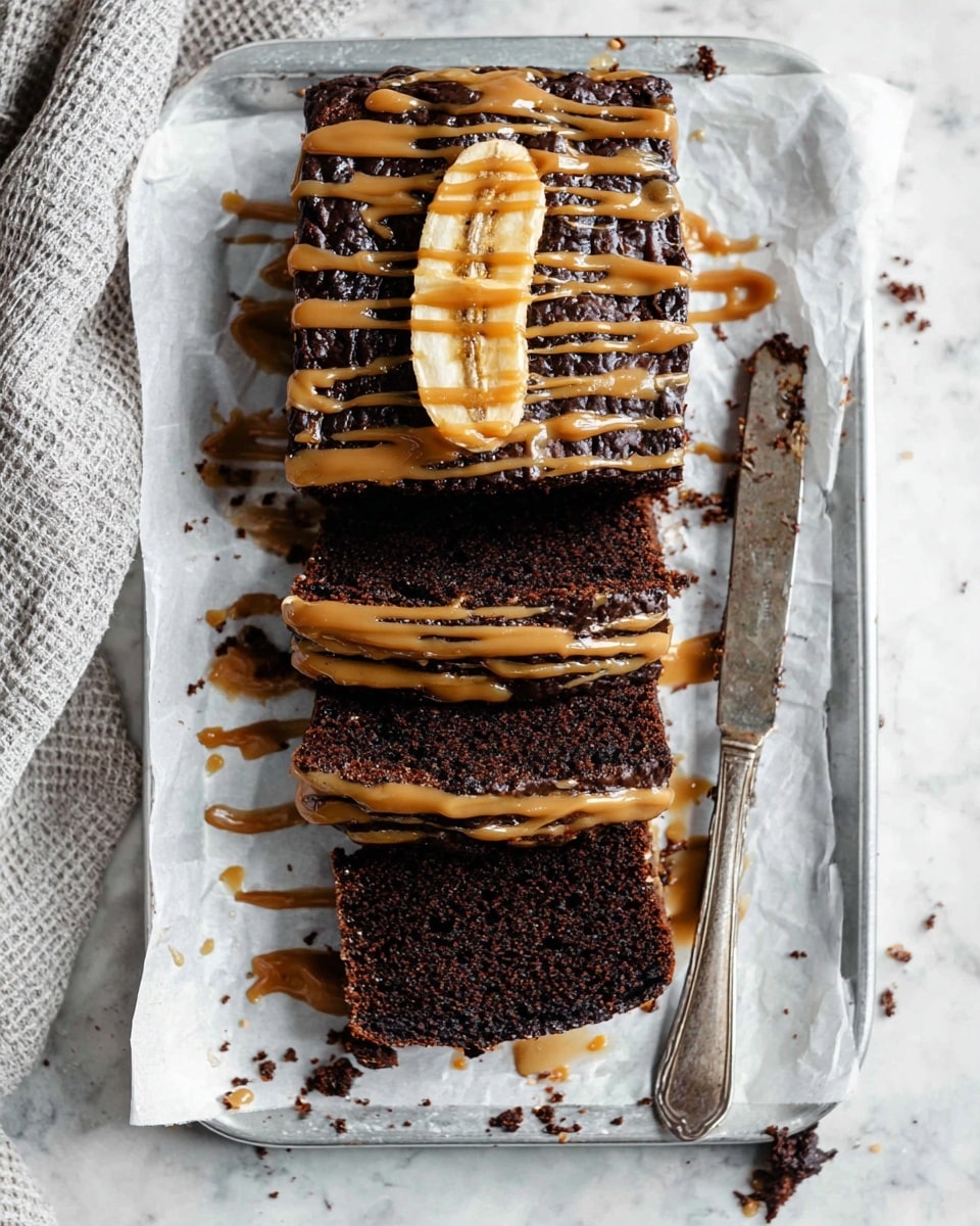 A dark chocolate loaf cake is shown sliced into five thick pieces on white parchment paper over a metal tray with a white marbled surface underneath. The top of the loaf has a caramel-colored drizzle applied in thin horizontal stripes along with a caramelized banana slice placed in the center of the top layer. The inside of the loaf reveals a dense, moist texture with visible small chunks, and caramel drizzle runs through the slices. To the right of the tray is a vintage silver knife with some crumbs scattered around. A light gray textured cloth is partially visible to the upper left. Photo taken with an iphone --ar 4:5 --v 7