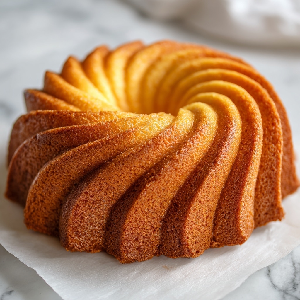 A single-layer round Bundt cake with a spiral shape, light golden brown on the outside, and soft yellow on the inside, placed on a white marbled surface with a grid paper underneath. Two slices are taken out, showing a dense and moist texture with small air holes inside. The cake’s outer edges have a slightly darker crust, adding texture contrast photo taken with an iphone --ar 4:5 --v 7