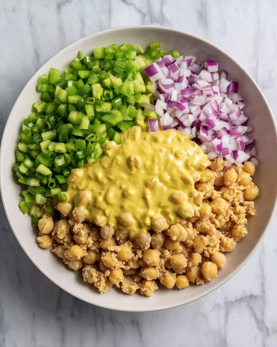 A white bowl on a white marbled surface holds four main layers arranged neatly in sections: chopped green bell peppers at the top left, finely chopped green onions at the top center, small diced red onions at the top right, and a large portion of crumbled beige chickpeas at the bottom. In the center, creamy yellow sauce with a smooth texture covers part of the chickpeas and spreads slightly outward, creating a vivid contrast with the other ingredients. The overall look is fresh and colorful, with clear separation between each layer. Photo taken with an iphone --ar 4:5 --v 7