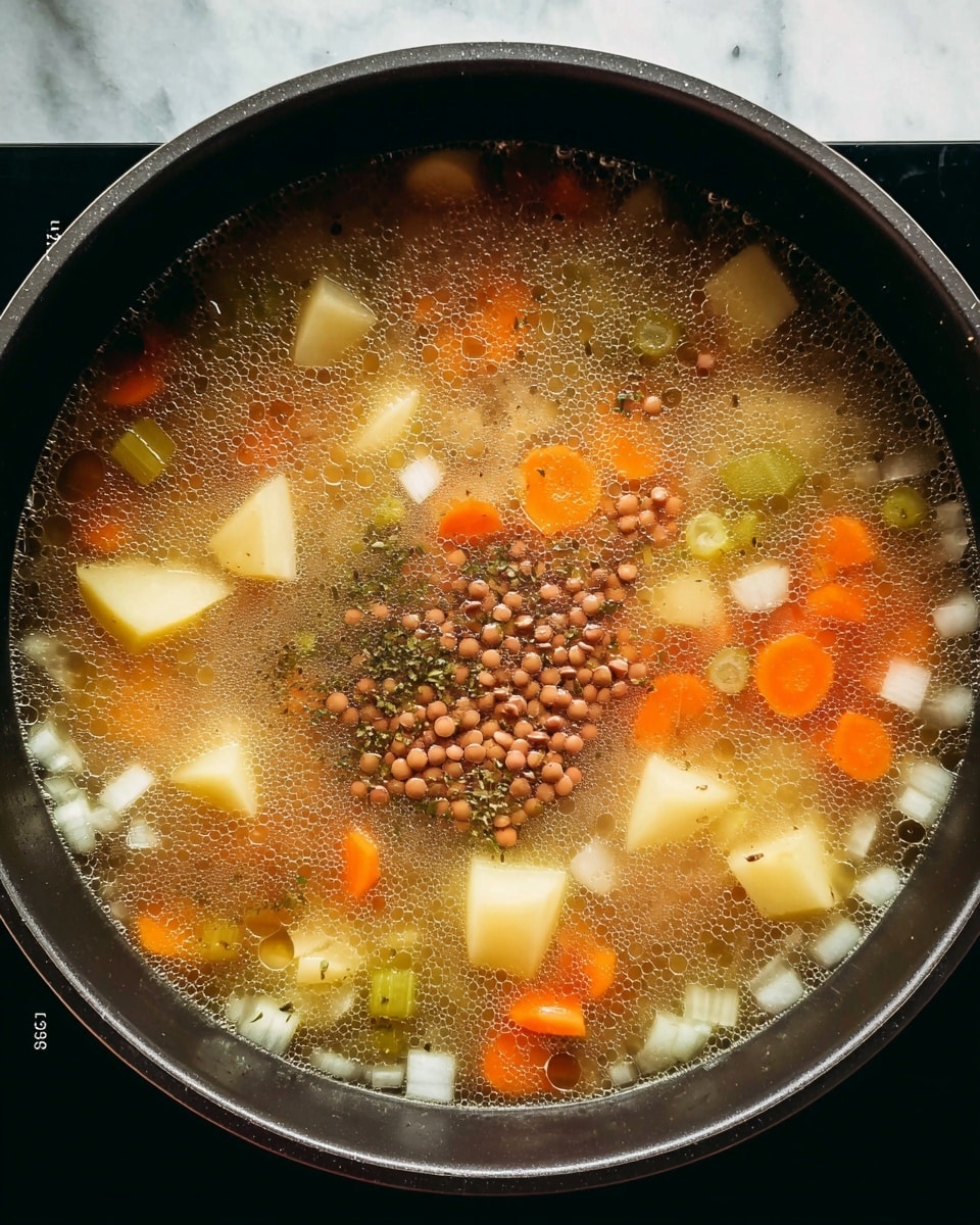 The image shows a black pot filled with clear broth soup containing three main layers of visible ingredients: at the bottom, there are small white diced onions scattered near the edges; the middle layer has chunks of light yellow potatoes, bright orange carrot slices, and small green celery pieces mixed throughout; the top layer features a cluster of small, round reddish-brown lentils and some sprinkled dried green herbs floating on the surface. The broth is slightly bubbly and light golden in color, with a soft, oily surface sheen. The photo is taken from above on a white marbled textured background. photo taken with an iphone --ar 4:5 --v 7