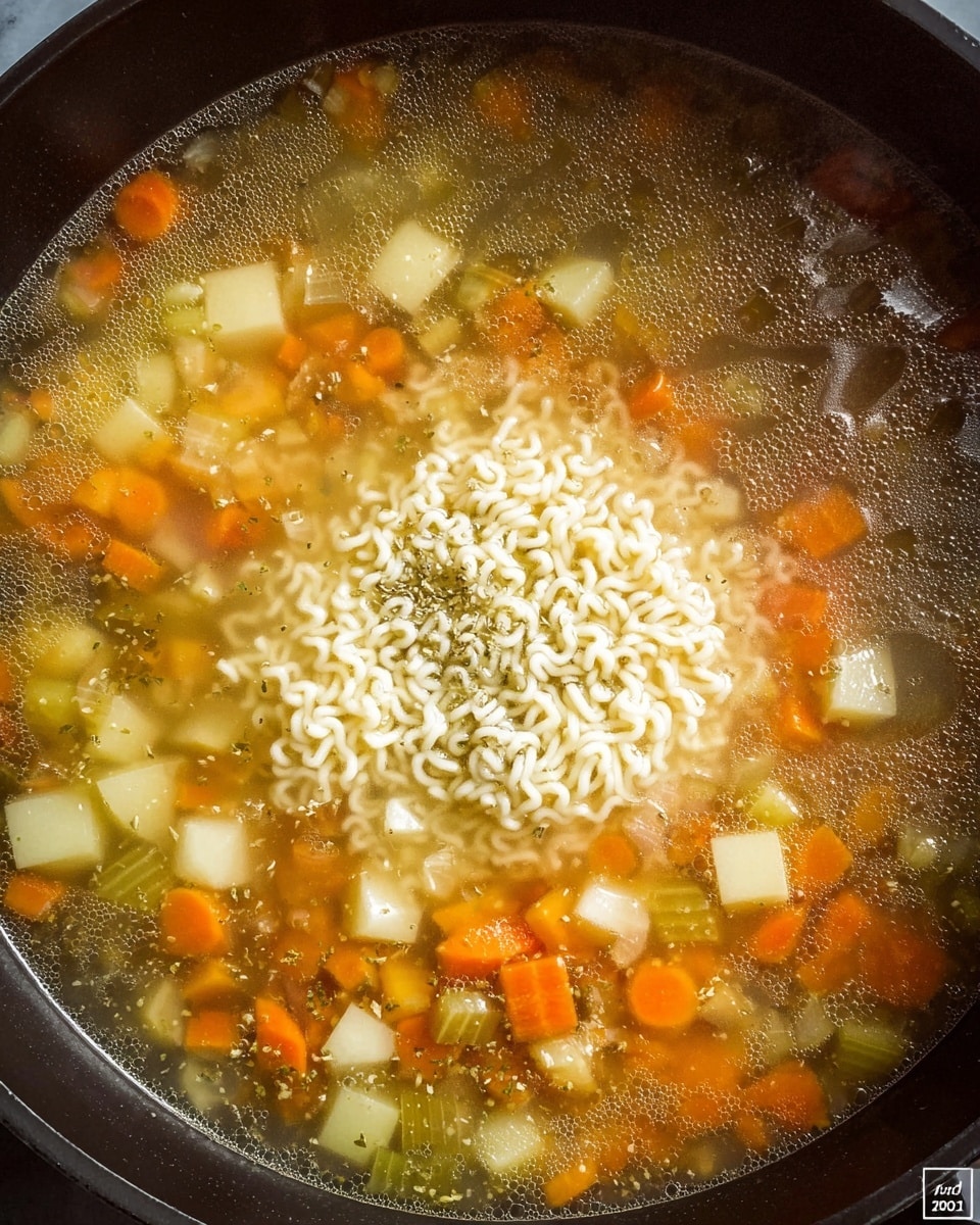 A close-up view of a pot filled with simmering clear broth containing small diced orange carrots, pale yellow potato cubes, and light green celery pieces, with a mound of dry curly white noodles placed in the center. The broth shows small bubbles and steam rising with specks of herbs floating on the surface, all visible through the clear liquid. The dark pot contrasts against a white marbled textured surface below. Photo taken with an iphone --ar 4:5 --v 7