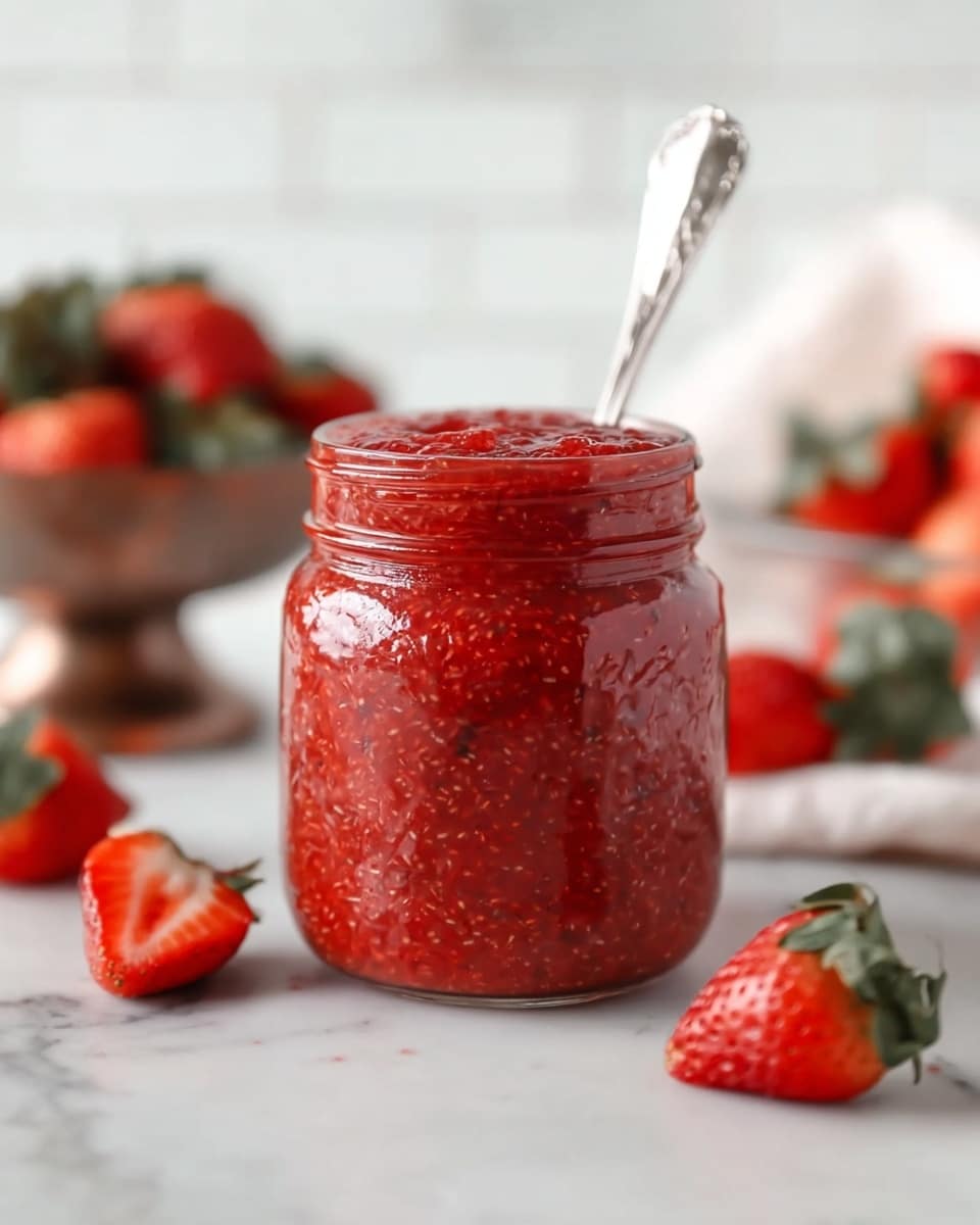 A clear glass jar filled with bright red strawberry jam that has a thick, textured look with visible seeds throughout. A silver spoon is sticking out from the jar's top, which is open and full to the brim with the jam. Around the jar, fresh red strawberries with green leaves are scattered on a white marbled surface. The background is soft and blurred with white tiles and more strawberries in a bronze bowl. The whole scene feels fresh and vibrant. photo taken with an iphone --ar 4:5 --v 7