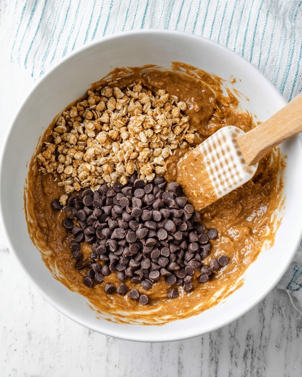 A white bowl contains a thick mixture of oats and a brown, sticky base that looks like peanut butter or syrup. On top of the mixture, there are two separate piles: one of small, light brown crunchy pieces and another of dark brown chocolate chips. A wooden spatula with a beige checkered silicone head is placed partially in the mixture at the right side of the bowl. The bowl is on a white marbled surface with a light blue and white striped cloth in the background. photo taken with an iphone --ar 4:5 --v 7