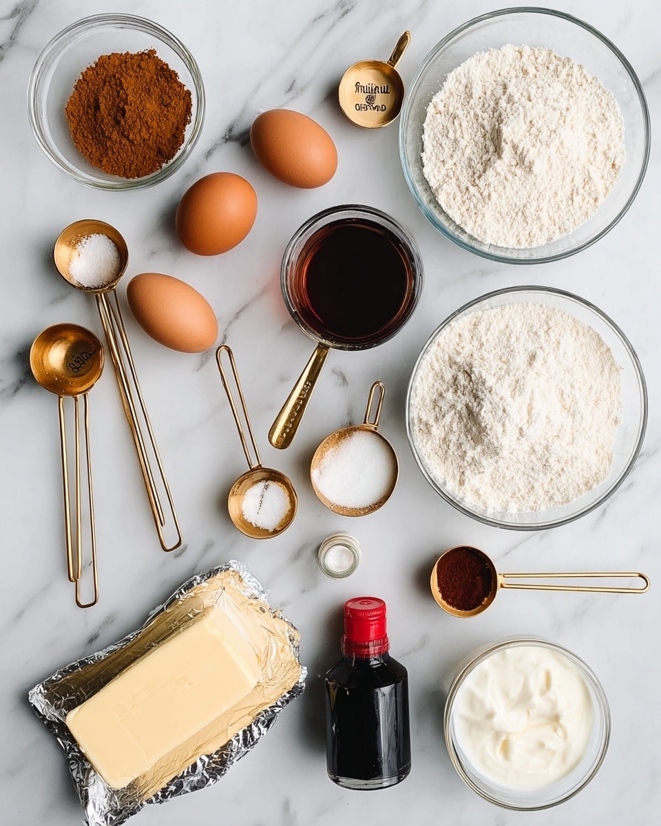 The image shows baking ingredients arranged on a white marbled surface. There are three brown eggs placed in the middle left, a glass bowl of light brown cinnamon powder near the top center, and a glass bowl of white flour at the middle left. A glass cup with dark brown liquid is at the top left. Two gold measuring spoons with white powder and one with light brown sugar are placed around a small black bottle with a red cap near the center right. At the bottom left is an unwrapped pale yellow butter block and a foil-wrapped cream cheese wedge. A glass measuring cup with white cream is at the bottom right. Two more gold measuring cups with white and cream-colored contents are near the right side. photo taken with an iphone --ar 4:5 --v 7