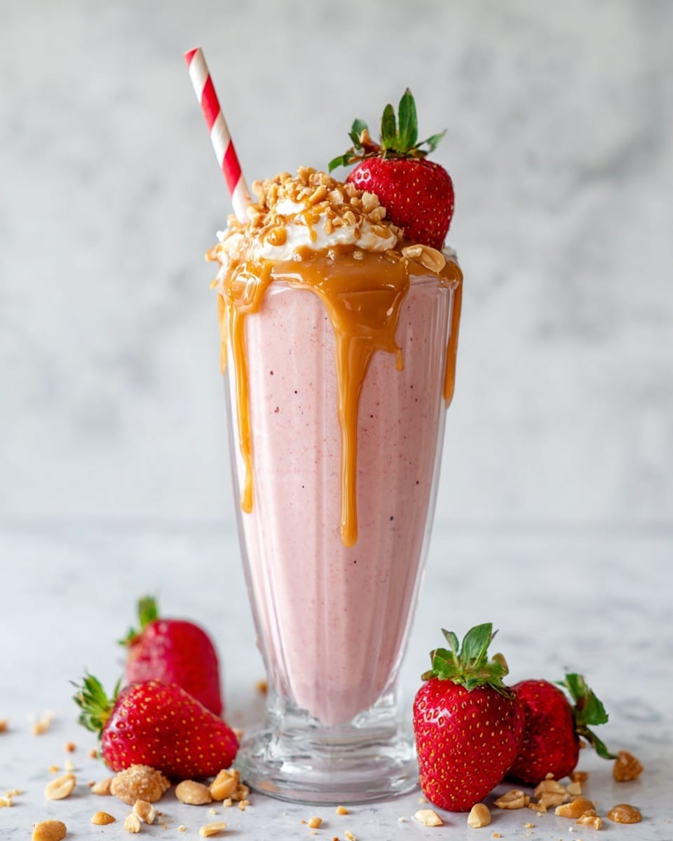 A tall clear glass holds a creamy pink smoothie that slightly overflows and drips down the sides. The smoothie is topped with light tan rolled oats and two fresh red strawberries with green leaves. Two white and red striped paper straws are placed inside the glass. Around the glass on a white marbled surface, several rolled oats and whole red strawberries are scattered softly out of focus. Photo taken with an iphone --ar 4:5 --v 7
