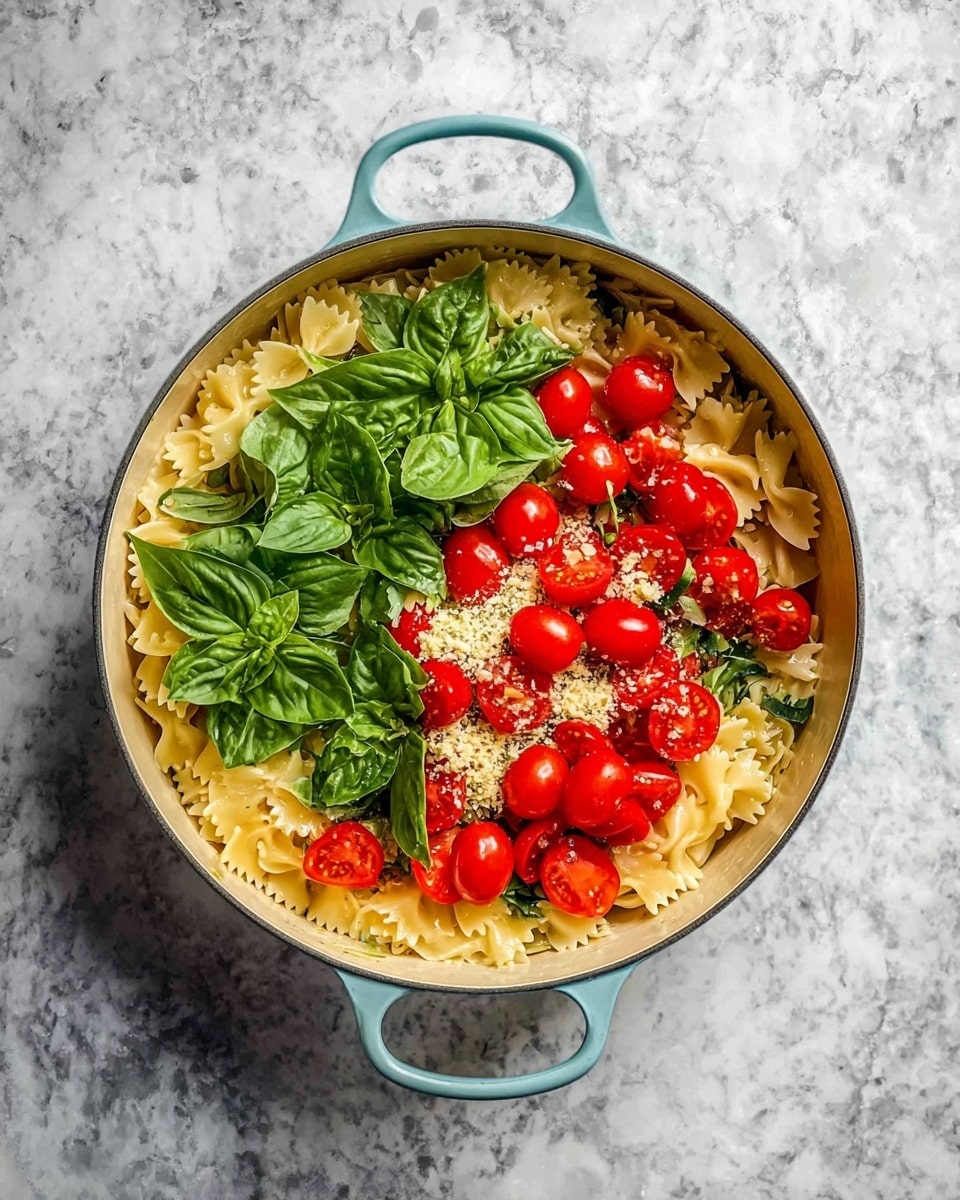 A round, light blue handled pot sits on a white marbled surface, filled with three layers of ingredients. The bottom layer is cooked farfalle pasta, pale yellow and textured with small ridges. The middle layer consists of bright red cherry tomatoes, some whole and some sliced in half, scattered in the center. The top layer includes large fresh green basil leaves placed around the edge of the pot, and finely chopped garlic sprinkled over the tomatoes. The overall look is fresh and colorful, with the light blue pot contrasting nicely against the white marble and the vivid colors of the food. photo taken with an iphone --ar 4:5 --v 7