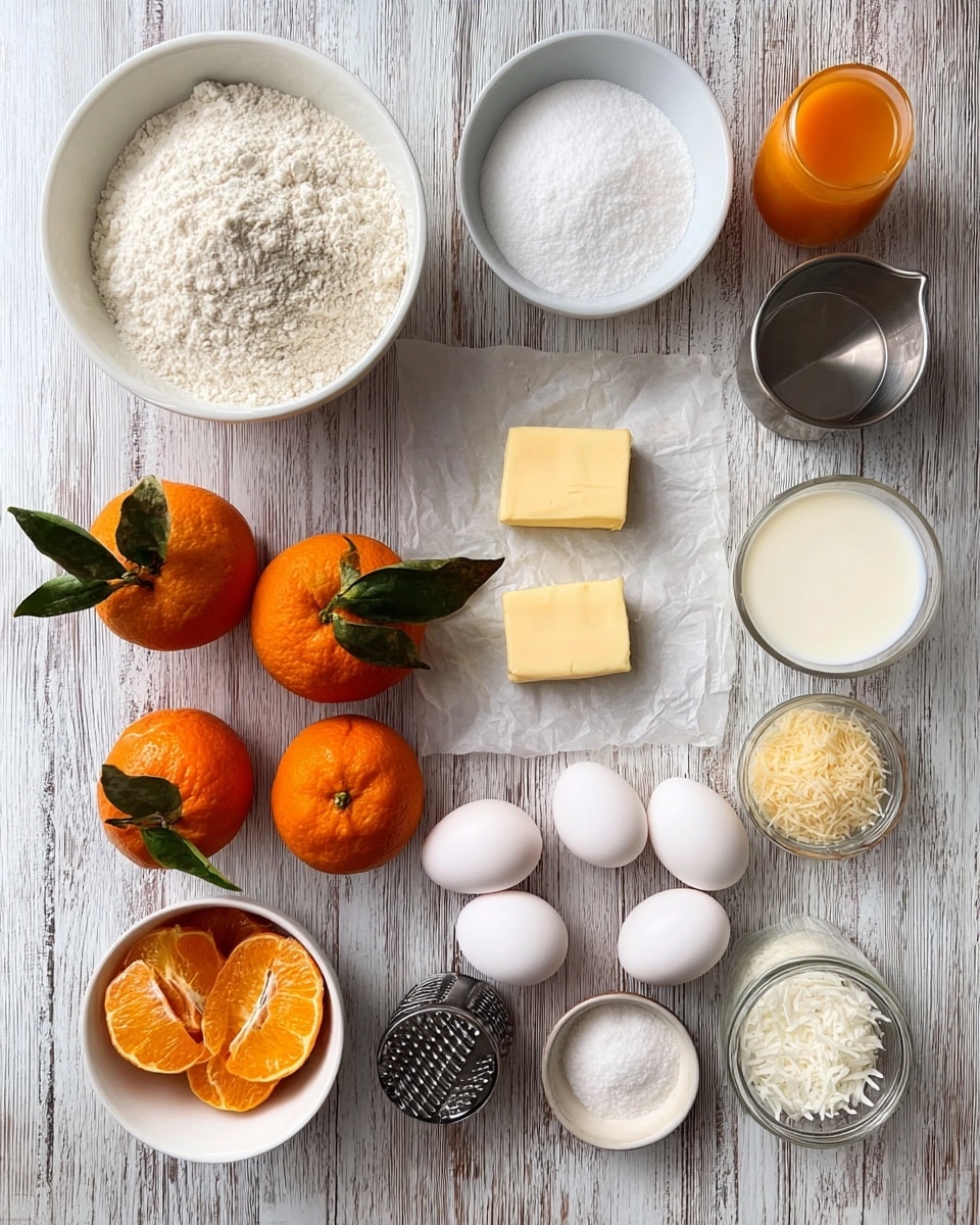 The image shows several baking ingredients neatly arranged on a white marbled wooden surface. At the top left, there is a white bowl full of flour, below it a smaller white bowl with powdered sugar. In the middle row, three whole oranges with green leaves lie near two sticks of butter on parchment paper and a metal cup filled with white sugar. Next to these are three white eggs in a row and three orange halves placed below them, one fully squeezed. At the far right, there is a small glass jar of orange juice, another small glass jar filled with milk, and three small white bowls containing orange zest, baking soda, shredded coconut, and coconut flakes. A metal citrus juicer is placed below the powdered sugar bowl. photo taken with an iphone --ar 4:5 --v 7