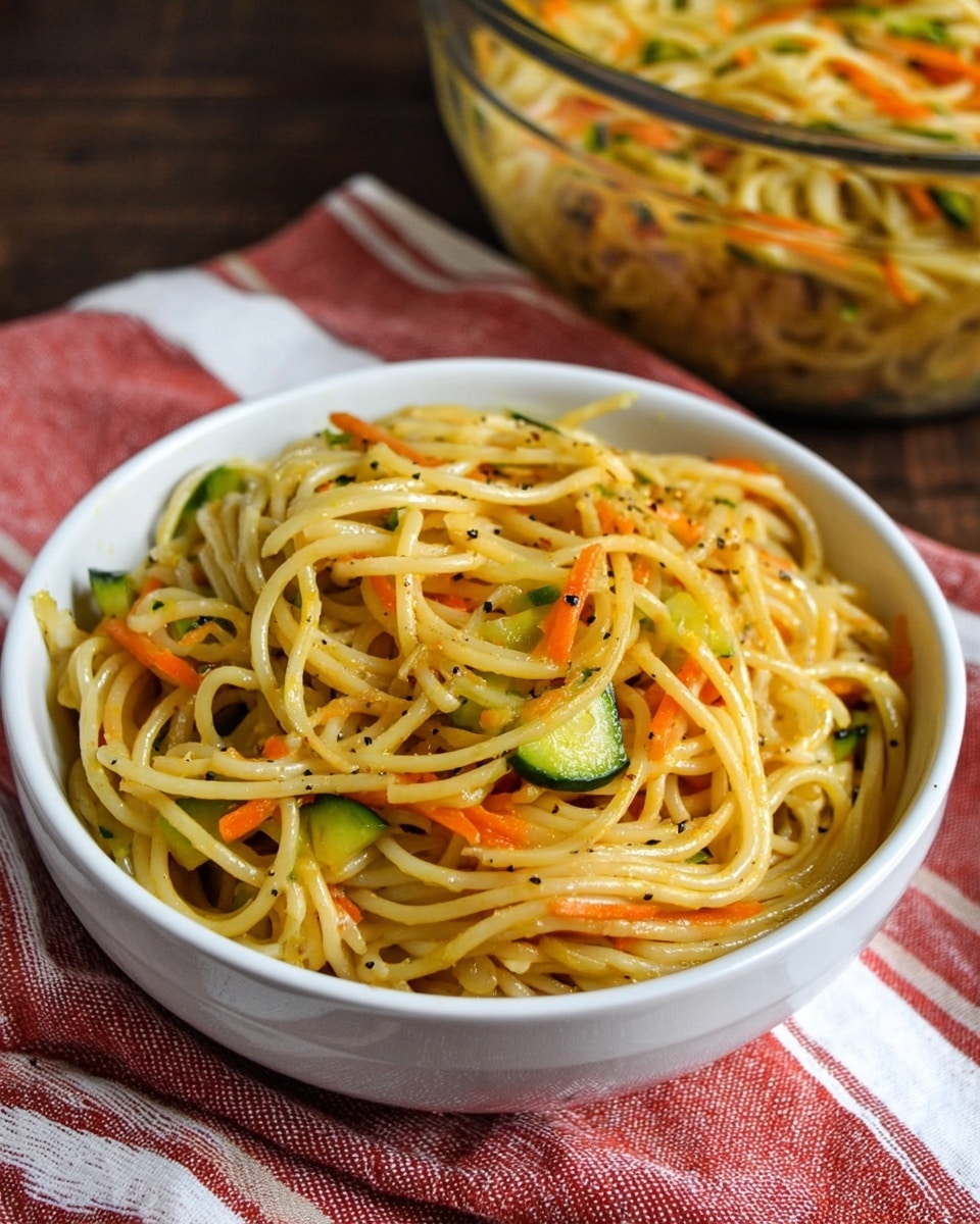 A white bowl filled with spaghetti noodles mixed with small pieces of green cucumber and orange carrot, all lightly coated in a slightly shiny sauce with visible black pepper sprinkled on top, sitting on a red and white striped cloth on a dark wooden surface, with a clear glass bowl of the same spaghetti mix partially visible in the background, photo taken with an iphone --ar 4:5 --v 7