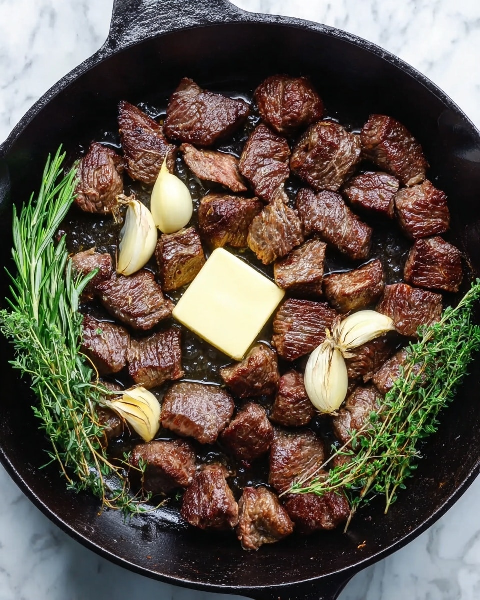 In a black cast iron pan, there are many small pieces of dark brown cooked meat spread out evenly. Near the center, there is a square piece of pale yellow butter beginning to melt. Around the butter, there are four garlic cloves with light brown and cream colors and some green fresh herbs, including sprigs of rosemary and thyme, placed on opposite sides of the pan. The background is a white marbled texture. photo taken with an iphone --ar 4:5 --v 7