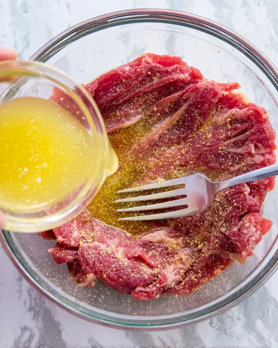 A clear glass bowl holds a layer of thin raw red meat slices tightly packed around the edges, with reddish seasoning sprinkled on top. In the center of the bowl, melted yellow butter or oil is being poured from a small glass bowl held by a woman's hand using a fork. The background shows a white marbled surface beneath the glass bowl. photo taken with an iphone --ar 4:5 --v 7