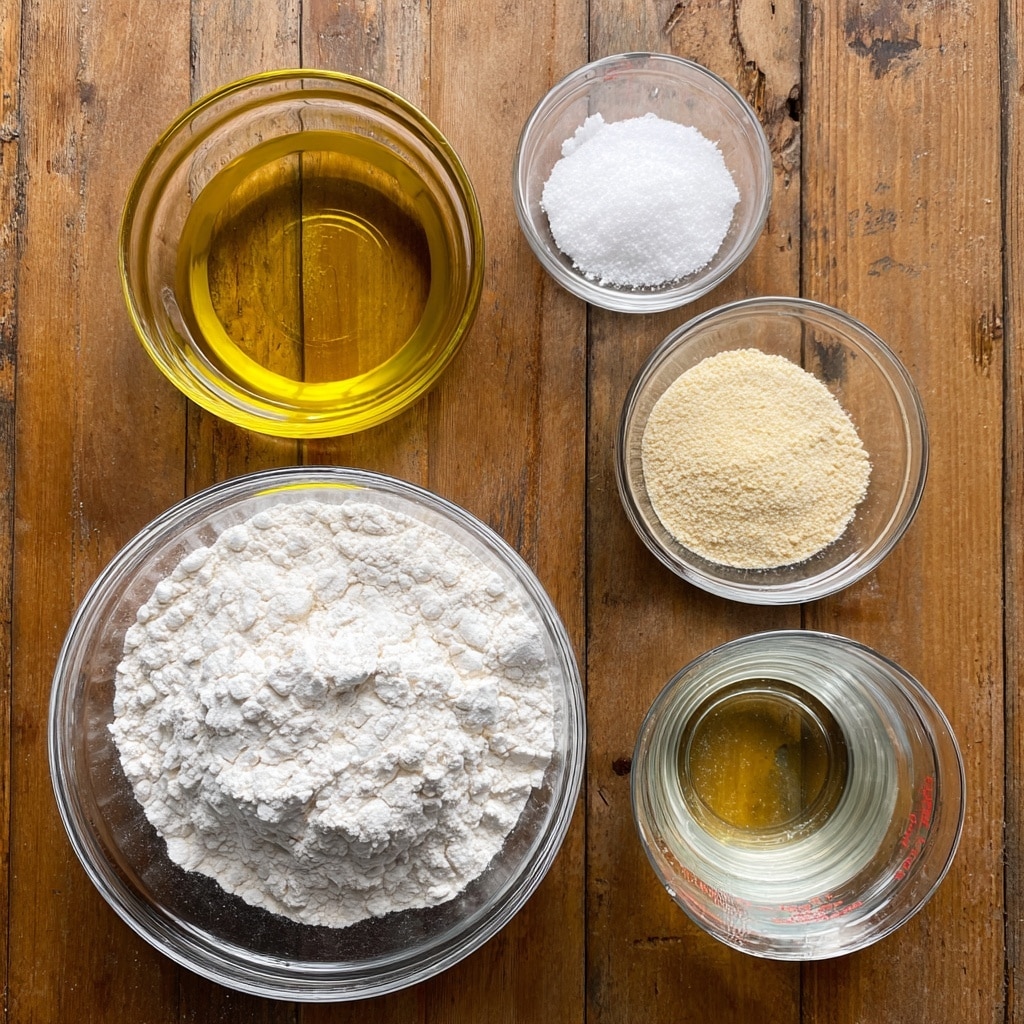 A top view shows five clear glass bowls and a glass measuring cup arranged on a wooden surface. The largest bowl at the bottom left is filled with white flour, with a soft, powdery texture forming a slight mound. Above it to the left is a bowl of golden yellow olive oil with a smooth, shiny liquid surface. To the right of the olive oil is a smaller bowl of white salt, appearing fine and grainy. Further right is a bowl containing light beige active dry yeast, granular and slightly clumped. At the bottom right, a measuring cup filled with clear warm water reflects light with a smooth liquid surface. Each bowl is round and transparent, showing the ingredients clearly inside photo taken with an iphone --ar 4:5 --v 7