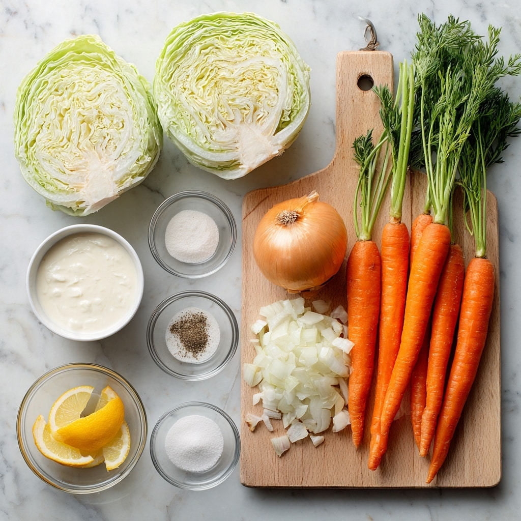 The image shows fresh vegetable and ingredient items placed on a white marbled surface, with a light wooden cutting board holding a bunch of five vibrant orange carrots with green tops on the right side, and a half onion next to finely chopped white onion pieces in the center. Above the cutting board, there are two halves of a green cabbage with visible layers of tightly packed light green and pale yellow leaves. Around the cutting board are small clear glass bowls and white bowls holding various ingredients: one with a white liquid (2 tbsp milk), another with white creamy mayonnaise (1/4 cup), a third with white buttermilk (2 tbsp), plus small amounts of white sugar (4 tsp), vinegar (4 1/4 tsp), salt (1/4 tsp), and coarse black pepper (3/8 tsp). Two lemon halves are at the bottom left, next to a small pile of lemon juice (2 tsp). The arrangement is neat and visually clear with text labels identifying each ingredient. photo taken with an iphone --ar 4:5 --v 7