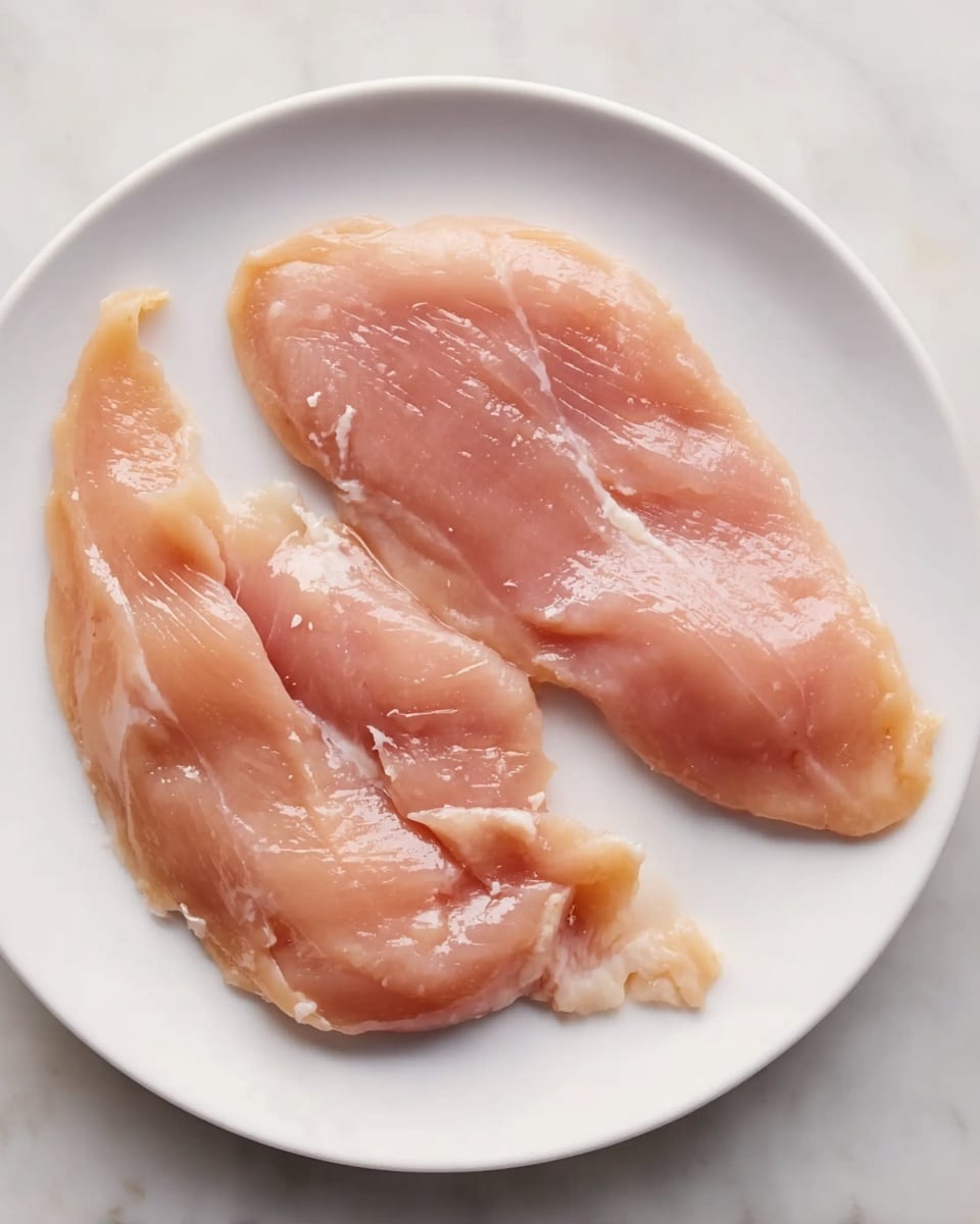 Two thin, uncooked pale pink chicken pieces lie flat and overlapping slightly on a smooth white plate. The texture looks soft and wet, with some shiny areas reflecting light. The plate is set on a white marbled surface. photo taken with an iphone --ar 4:5 --v 7