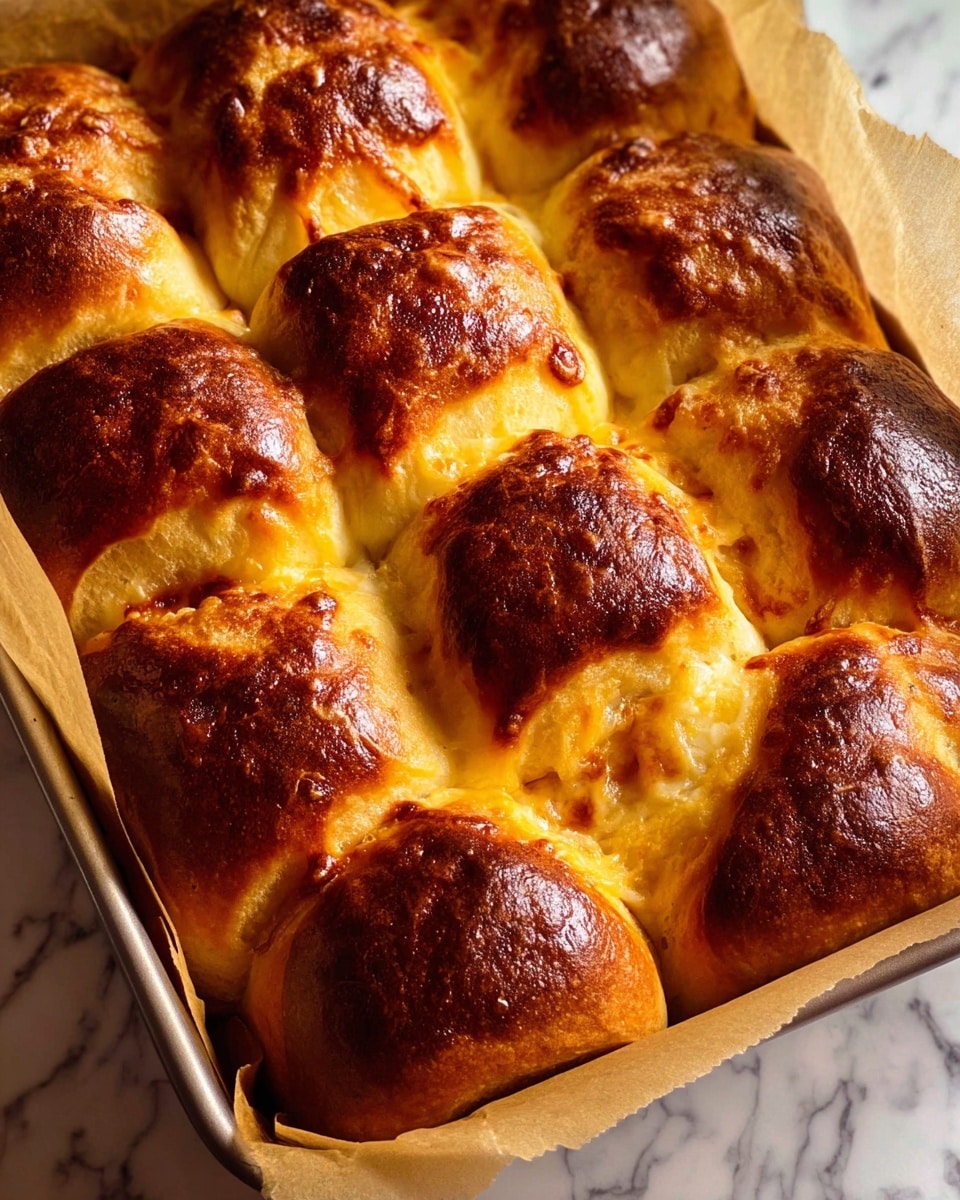 A close-up view of freshly baked golden brown rolls arranged tightly in a baking tray lined with parchment paper, showing multiple layers of soft dough with a slightly glossy, darker crust on top and lighter, fluffy inside layers with hints of melted cheese peeking through small openings, all placed on a white marbled surface. photo taken with an iphone --ar 4:5 --v 7