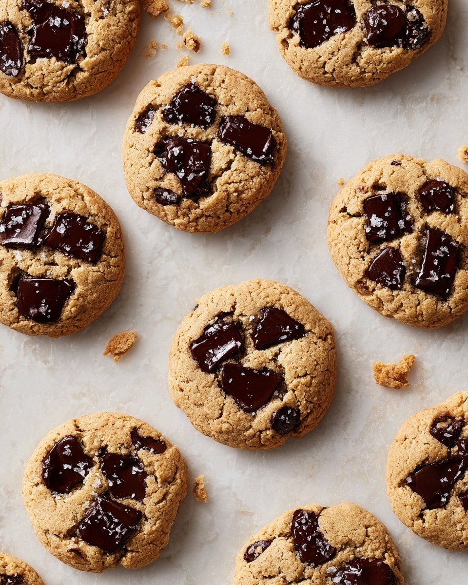 Several round cookies with a light brown color are spread out on a white marbled textured surface. Each cookie has multiple dark chocolate chunks melted slightly, popping out from the top surface, giving a rich, glossy contrast to the crumbly texture of the cookies. There are small bits of coarse salt sprinkled on top, adding a sparkling white detail against the golden-brown dough and dark chocolate. The cookies look soft with crumbly edges, and the arrangement shows some crumbs scattered around them. photo taken with an iphone --ar 4:5 --v 7