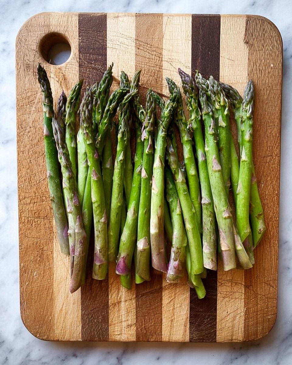 A wooden cutting board with light and dark brown stripes sits on a white marbled surface. On the board, there are 19 fresh green asparagus stalks arranged side by side, showing their tips and a mix of smooth and speckled textures. The asparagus stalks vary in thickness and length, with some showing purplish hues at the base. The cutting board has many knife marks and a rounded handle on the left side. photo taken with an iphone --ar 4:5 --v 7