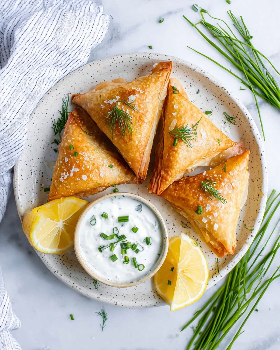 On a white plate with speckled detail sits five golden brown triangular pastries, each with a thin, crispy, and flaky texture, sprinkled lightly with salt flakes and garnished with small sprigs of fresh dill and green herbs. In the center of the plate is a small round bowl filled with white creamy sauce topped with finely chopped green onions and dill. Around the pastries are two lemon wedges showing the bright yellow and juicy inside. The plate rests on a white marbled surface with a bundle of fresh green chives placed nearby and a soft striped white and light blue cloth underneath. Photo taken with an iphone --ar 4:5 --v 7