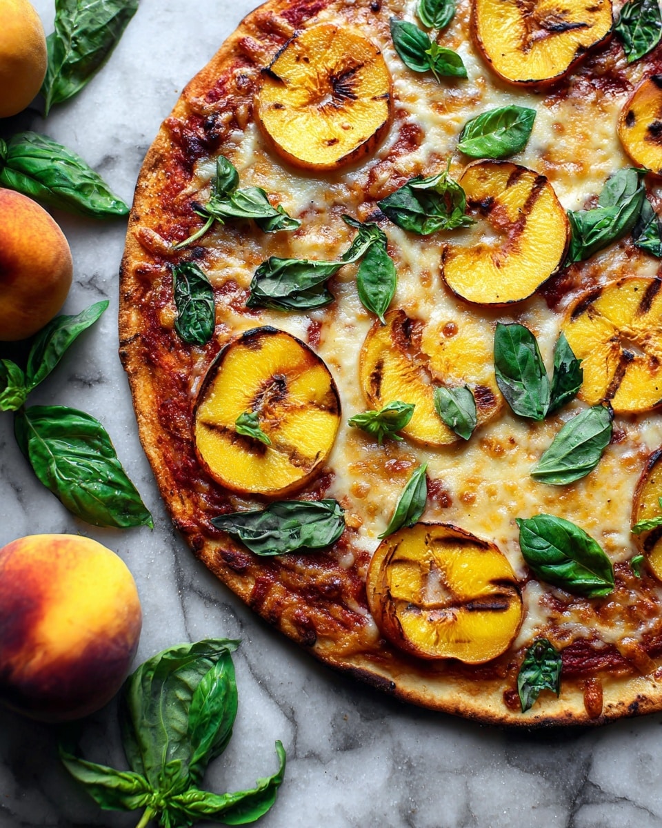 The image shows a close-up of a pizza on a white marbled surface with a thin golden-brown crust at the edge. The pizza has a layer of melted cheese mixed with a light layer of tomato sauce underneath. On top, there are several round grilled yellow peach slices with browned grill marks, scattered evenly across the pizza. Fresh green basil leaves of different sizes are spread across the pizza, adding a fresh texture and color contrast. Next to the pizza, there are whole peaches and some loose basil leaves on the white marbled surface. photo taken with an iphone --ar 4:5 --v 7
