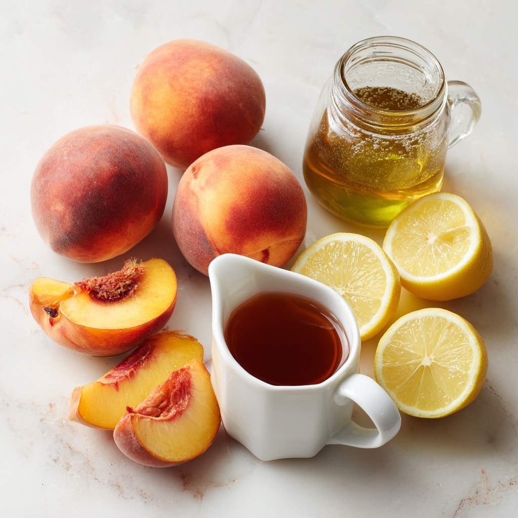 The image shows fresh peaches and lemon slices scattered on a white marbled surface with a small white measuring cup filled with dark maple syrup, and a glass jar of brown green tea. The peaches have a soft, fuzzy orange-red skin with some peaches halved to reveal yellow flesh and brown pits inside. The lemon slices and halves reveal bright yellow flesh and a white pith. The maple syrup in the white measuring cup is smooth and shiny, and the green tea in the jar has a layer of foam bubbles on top. photo taken with an iphone --ar 4:5 --v 7