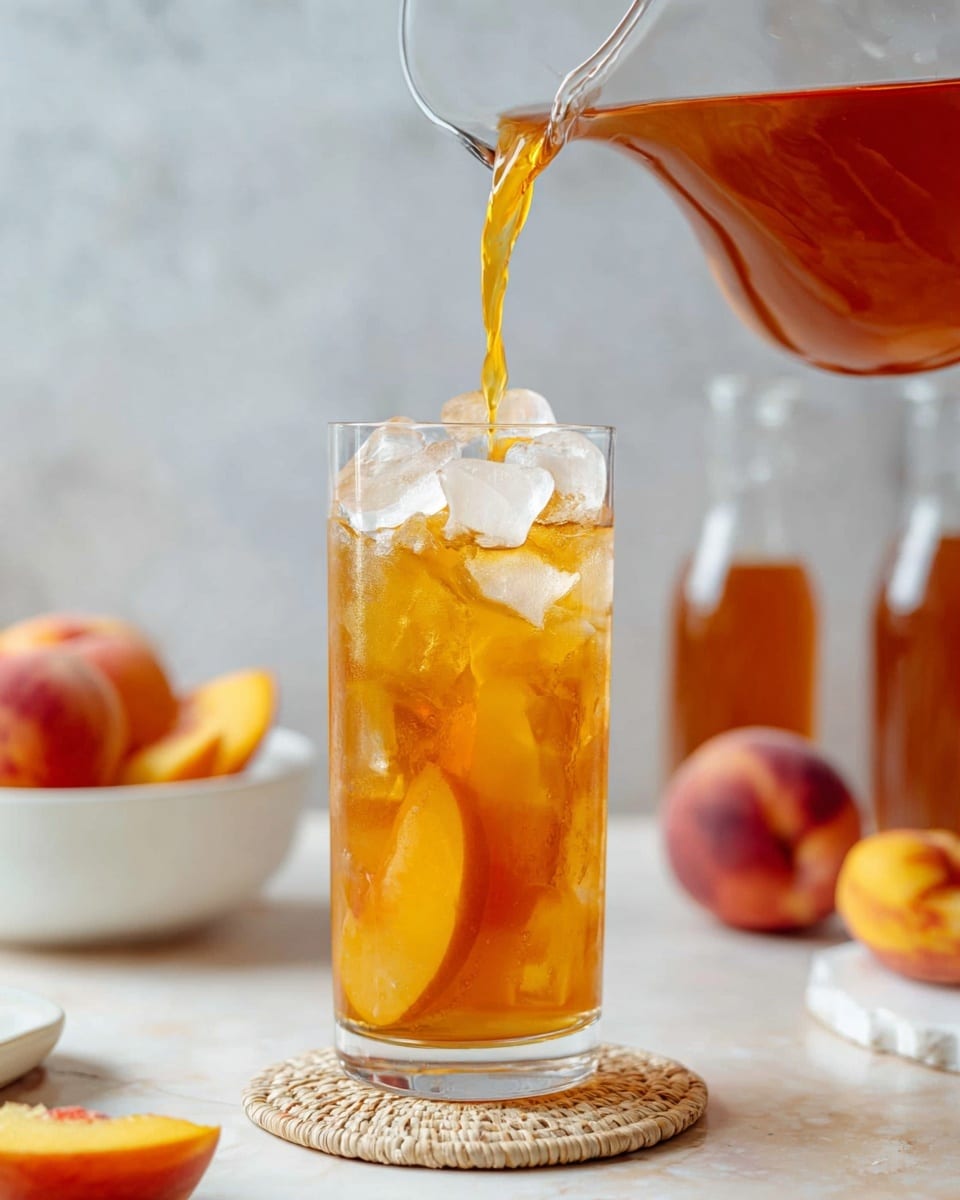 A tall clear glass filled with large, shiny ice cubes and a thick slice of peach tucked inside the glass, with amber-colored iced tea being poured from a glass pitcher above; in the blurry background, a white bowl holds whole peaches, and bottles of iced tea sit on a white marbled surface. Photo taken with an iphone --ar 4:5 --v 7