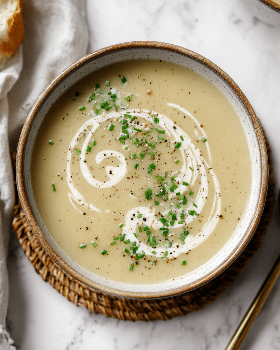 A bowl filled with smooth, light beige soup sits centered on a woven coaster. The soup surface has swirls of white cream in a loose spiral pattern and is sprinkled with small, bright green chopped chives and tiny specks of black pepper. The bowl is round, white but with a light brown rim, and rests on a white marbled surface. Part of a white cloth and a brass spoon handle appear nearby. Photo taken with an iphone --ar 4:5 --v 7