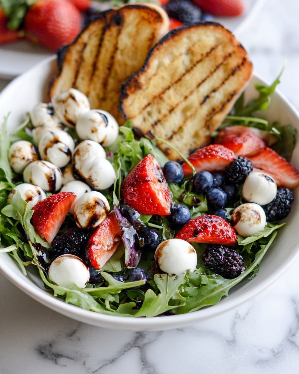 A white bowl holds a fresh salad with three main layers: the bottom layer is bright green arugula leaves, soft and leafy, spread all over; the middle layer has white mozzarella balls dotted throughout, each with a smooth texture; the top layer shows sliced strawberries and whole blueberries scattered, their red and blue colors bright and shiny. The salad is drizzled with a dark balsamic glaze that adds shine and contrast. Next to the salad on the bowl's side, there are two slices of toasted bread with brown grill marks. The bowl sits on a surface with a white marbled texture. Photo taken with an iphone --ar 4:5 --v 7