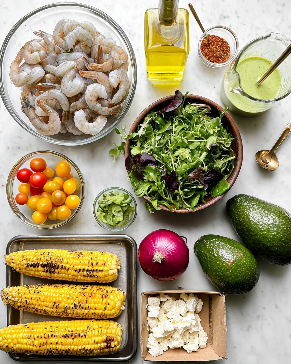 The image shows many fresh ingredients on a white marbled surface. At the top left, there is a clear glass bowl full of raw shrimp, light gray with some pink shades. Next to it, a yellow bottle of cooking oil and a small clear container filled with red seasoning and a gold spoon. To the right, a glass jug with light green sauce. Below that, a brown bowl is filled with mixed green microgreens with a few dark purple leaves mixed in. Two dark green avocados sit below the bowl. Next to the avocados, a red onion with a shiny skin and two green cucumbers. On the left side, there is a small bowl with yellow, orange, and dark red cherry tomatoes. Below the tomatoes, a small glass bowl with white crumbled cheese. At the bottom left, a metal tray has five pieces of grilled corn on the cob, showing golden yellow kernels with char marks. Finally, a cardboard container with mixed salad greens sits at the bottom right. photo taken with an iphone --ar 4:5 --v 7