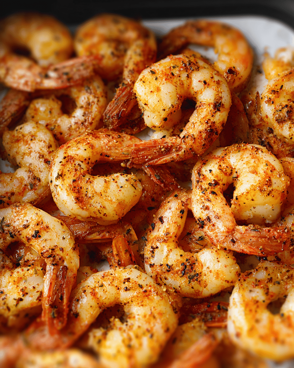 A close-up view of many cooked shrimp covered with spices. The shrimp have an orange-pink color with dark specks of seasoning all over. The shrimp are tightly packed together, showing a rough but moist texture. The background and surface beneath the shrimp have a white marbled texture. Photo taken with an iphone --ar 4:5 --v 7