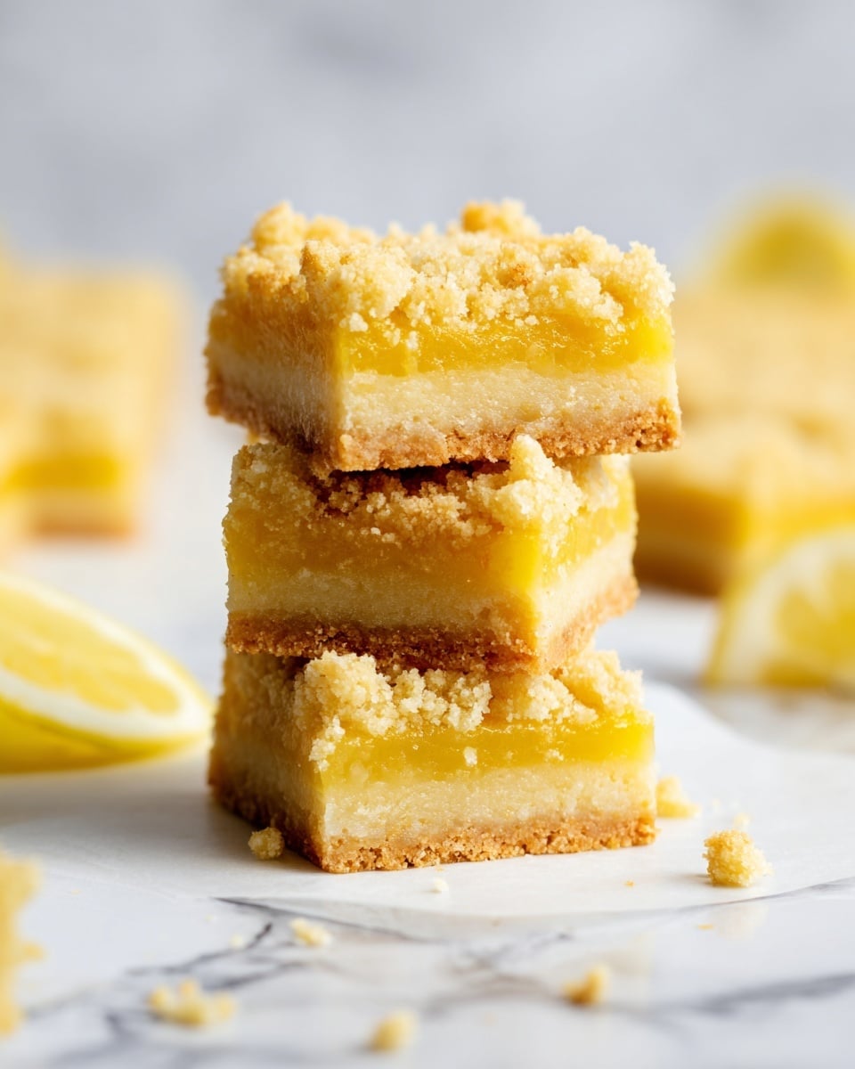 The image shows a close-up of a stack of three lemon bars, each with three layers: a thick, pale yellow base that looks soft and crumbly, a bright yellow jelly-like lemon filling in the middle, and a light crumbly topping that is slightly golden and rough in texture. The bars are stacked neatly on a white marbled surface, with some crumbs scattered around, and there are pieces of lemon and more lemon bars blurred in the background. The lighting is soft and natural, enhancing the warm yellow tones of the lemon bars. photo taken with an iphone --ar 4:5 --v 7
