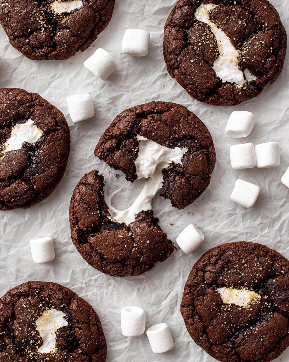 Several dark brown chocolate cookies with cracked tops show white melted marshmallow peeking through in uneven patches; one cookie is broken in half revealing stretchy white marshmallow inside. The cookies are scattered on crinkled parchment paper on a white marbled surface, with small whole white marshmallows scattered around them. The texture of the cookies is soft and cracked, with some golden sugar sprinkled lightly on top. photo taken with an iphone --ar 4:5 --v 7