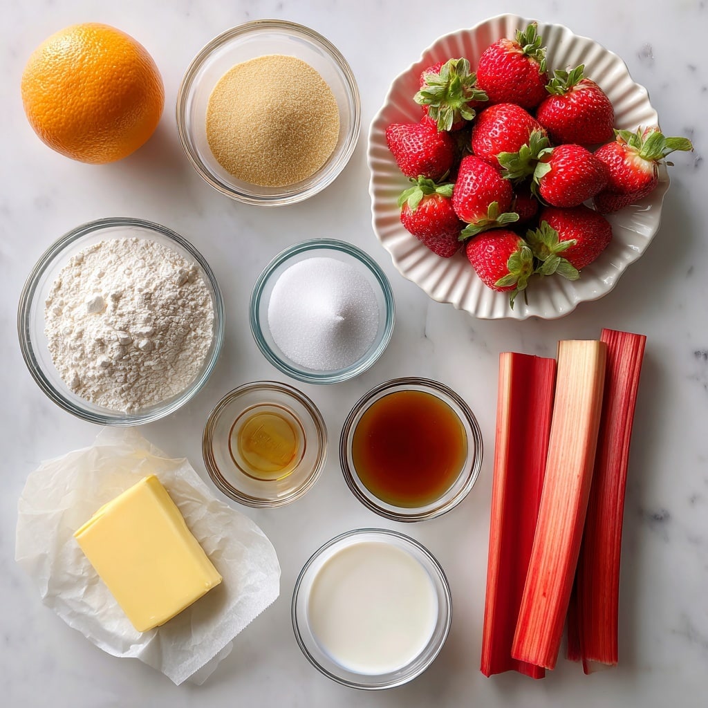 A white fluted bowl is filled with bright red strawberries with green tops on the right side, next to several long reddish-orange rhubarb stalks resting on the bowl's rim. To the left of the bowl, a single whole orange sits on the white marbled surface. Below the orange, a clear glass bowl contains white flour, and next to it is a smaller glass bowl with white cornflour. Below those, a rectangular piece of yellow butter sits on a piece of parchment paper. To the right of the butter, a glass bowl holds light brown sugar, with another bowl of white sugar beside it. Below the sugars is a small glass bowl of cream, next to a slightly larger bowl of a similar creamier white ingredient. An egg is positioned near the center, slightly below the butter. Dark brown vanilla extract in a small clear bowl, balsamic vinegar in another small bowl, and white baking powder in a small bowl are near the lower left corner of the image, all on the white marbled surface. The entire setup is laid out neatly with the ingredients spaced apart, and the image is clear and bright. Photo taken with an iphone --ar 4:5 --v 7