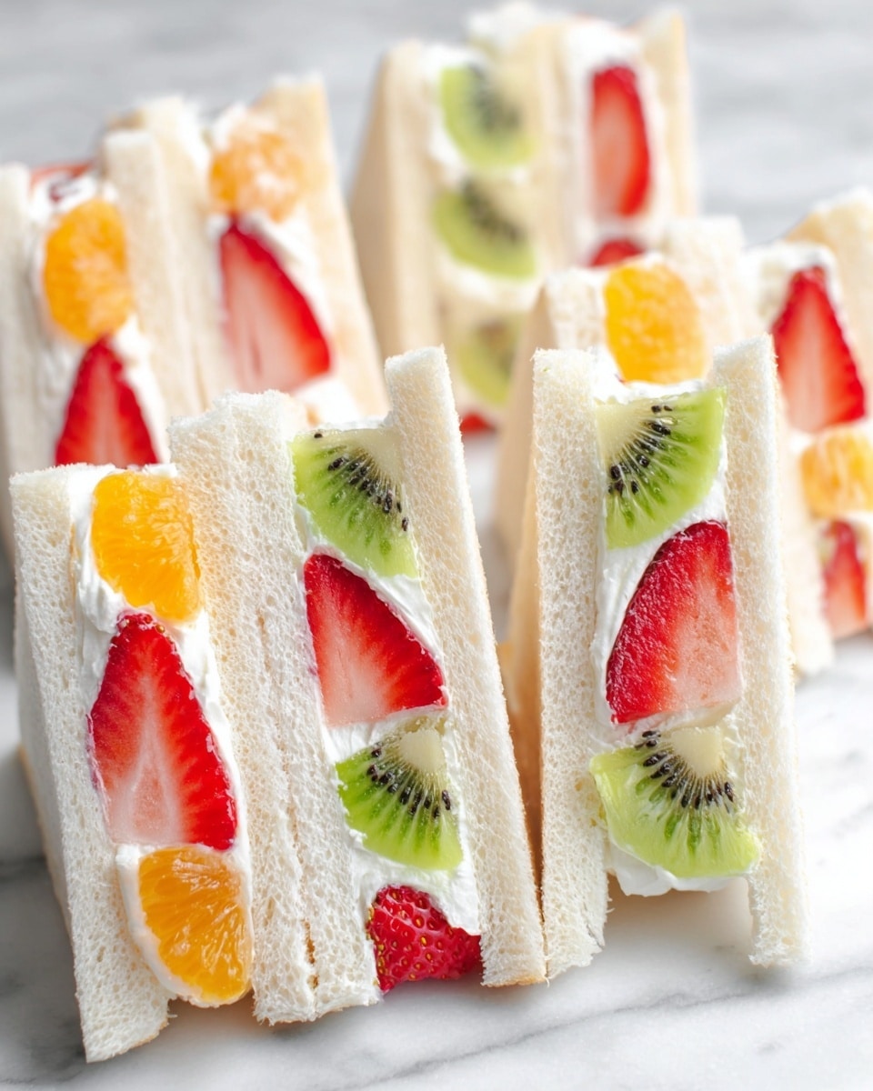 The image shows two triangular white bread sandwiches on a white plate with soft white cream inside. Each sandwich has three visible fruit layers: a green kiwi slice at the bottom, a red strawberry half in the middle, and a bright orange slice at the top. The fruits are surrounded by thick, fluffy white cream, and the sandwich bread looks soft and light. In the background, there are more fruit sandwiches with strawberries visible, along with a bowl of strawberries and some whole kiwi fruits on a white marbled surface. The scene is bright and fresh. photo taken with an iphone --ar 4:5 --v 7