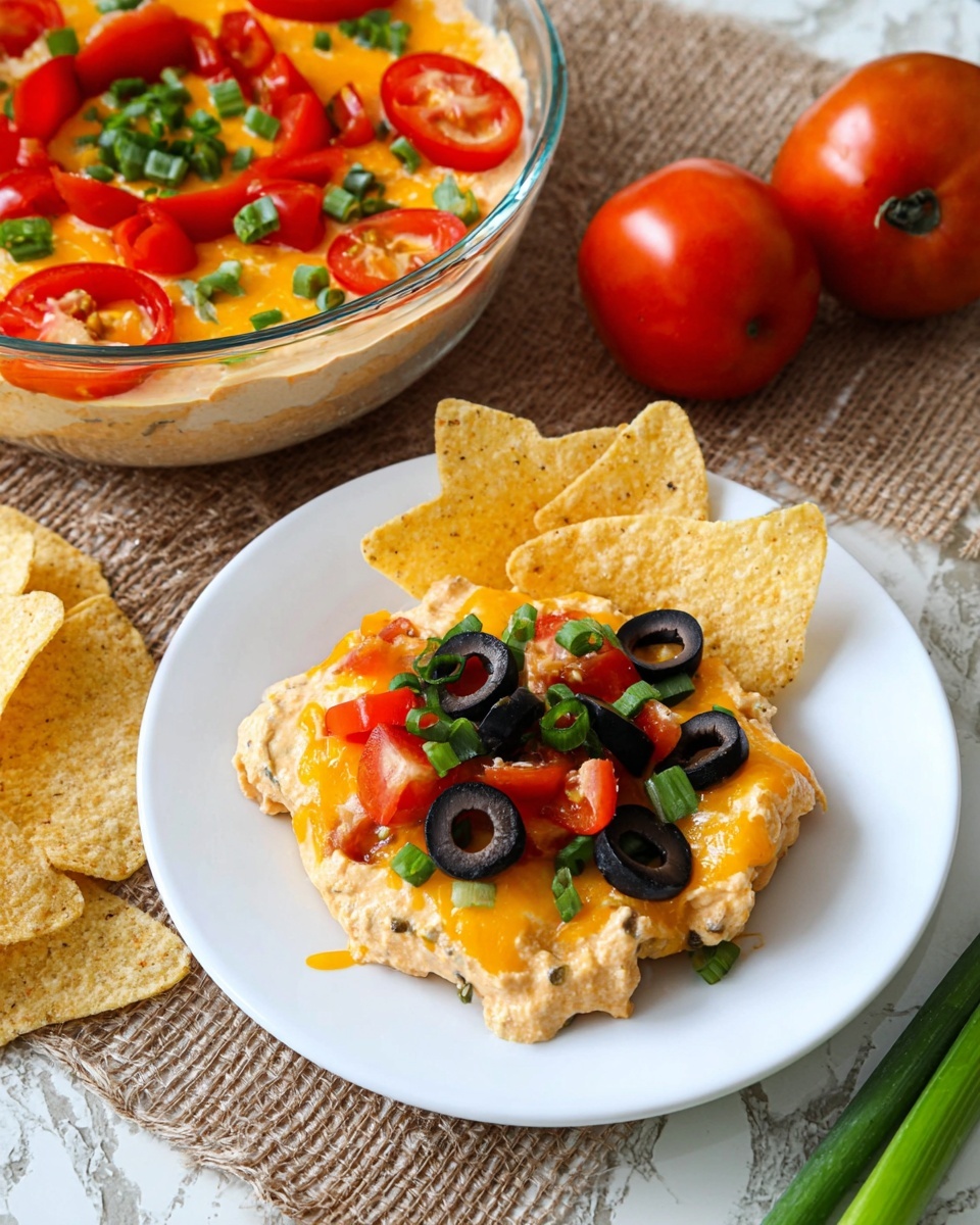 A white plate holds a few star-shaped tortilla chips layered with a creamy light orange dip, topped with bright orange melted cheese, small diced red tomatoes, sliced black olives, and green chopped scallions, arranged in small clusters. Behind the plate, a clear glass bowl filled with the same dip decorated with a ring of tomato pieces, black olive slices, and scallions sits on a brown textured mat. Scattered near the bowl are more star-shaped tortilla chips, with two whole red tomatoes and a green scallion stalk nearby. The whole scene is set on a white marbled texture. Photo taken with an iphone --ar 4:5 --v 7