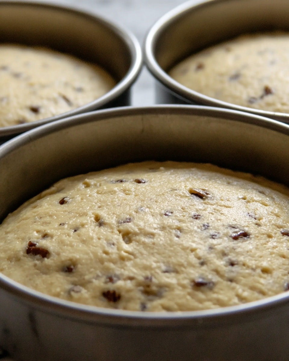 A close-up image shows a round metal baking pan filled with pale yellow dough mixed with small dark brown spots scattered across its surface, indicating the presence of small bits of nuts or fruit. The dough appears smooth but slightly textured, resting evenly within the pan. Behind it, two similar pans with the same dough are partially visible, all placed on a white marbled surface. photo taken with an iphone --ar 4:5 --v 7