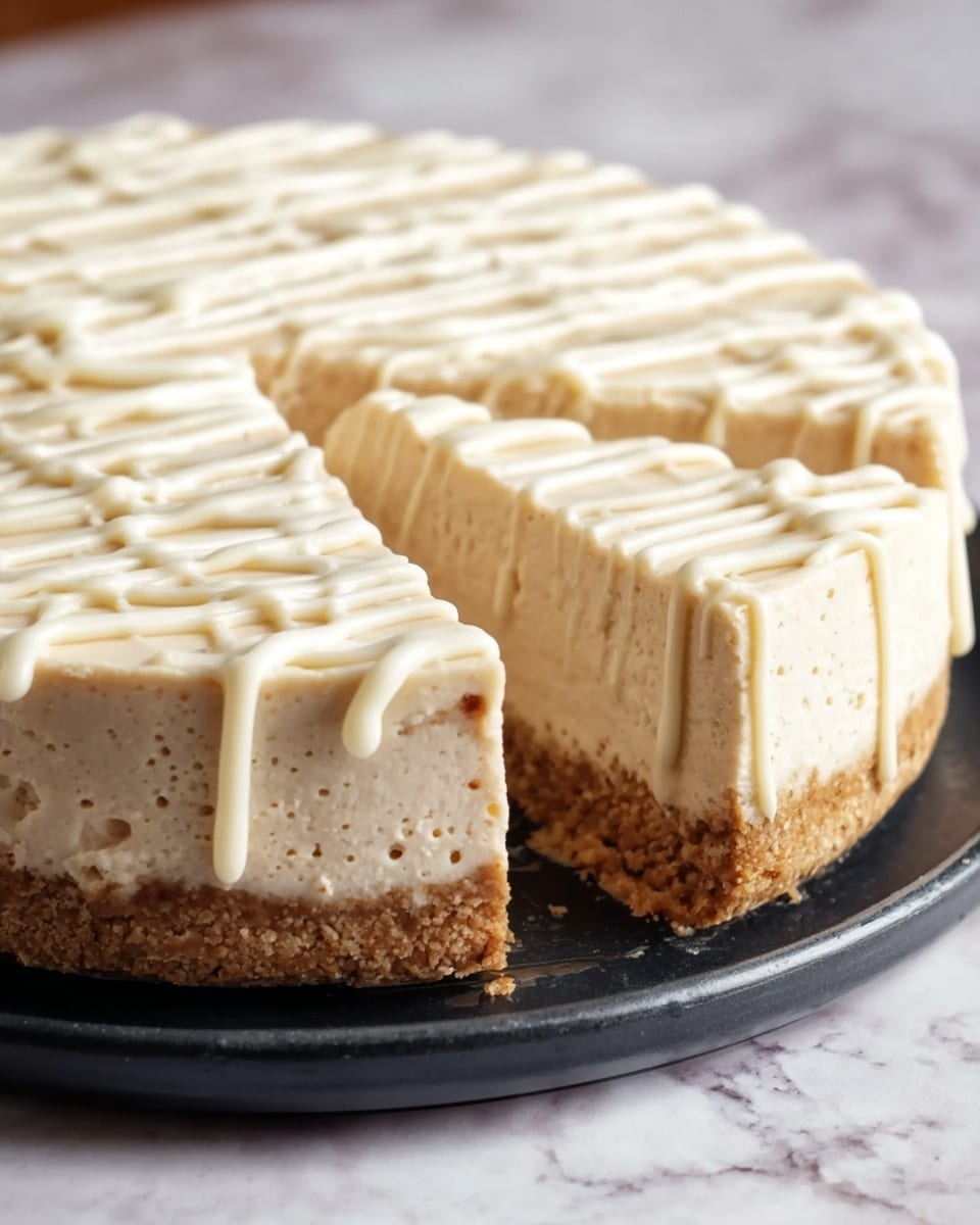 The image shows a thick two-layer cheesecake on a black round plate set on a white marbled surface. The bottom layer is a dense, crumbly light brown crust. The middle layer is a thick, light beige creamy cheesecake with a smooth texture and small holes visible. On top, there is a white glaze drizzled in a wavy pattern that slightly drips down the sides. A slice has been removed, revealing the layers clearly and showing the inside texture. Photo taken with an iphone --ar 4:5 --v 7