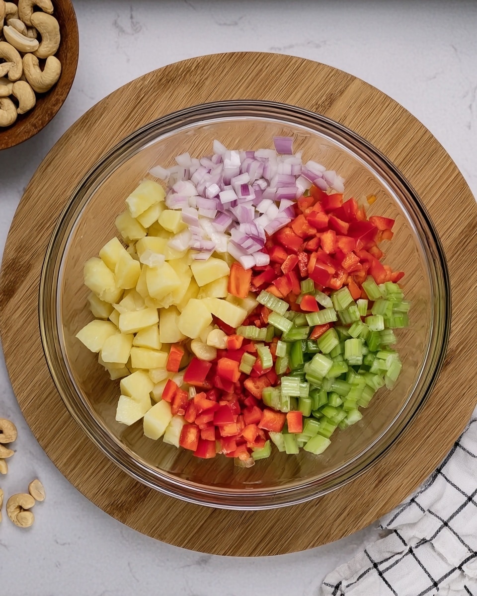 A clear glass bowl sits on a round wooden board over a white marbled surface. Inside the bowl, there are four visible layers of chopped ingredients arranged separately: at the bottom, pale yellow boiled potato cubes; to the left, small diced light purple onions; on top of the potatoes towards the back, small chopped green pickles; next to them, bright red diced tomatoes; lastly, fresh bright green sliced celery pieces on the right side. The colors and textures of each ingredient show clearly through the glass bowl. A small wooden dish with cashew nuts is placed to the top left corner outside the bowl, and a white cloth with black grid lines is partially visible on the bottom right. photo taken with an iphone --ar 4:5 --v 7