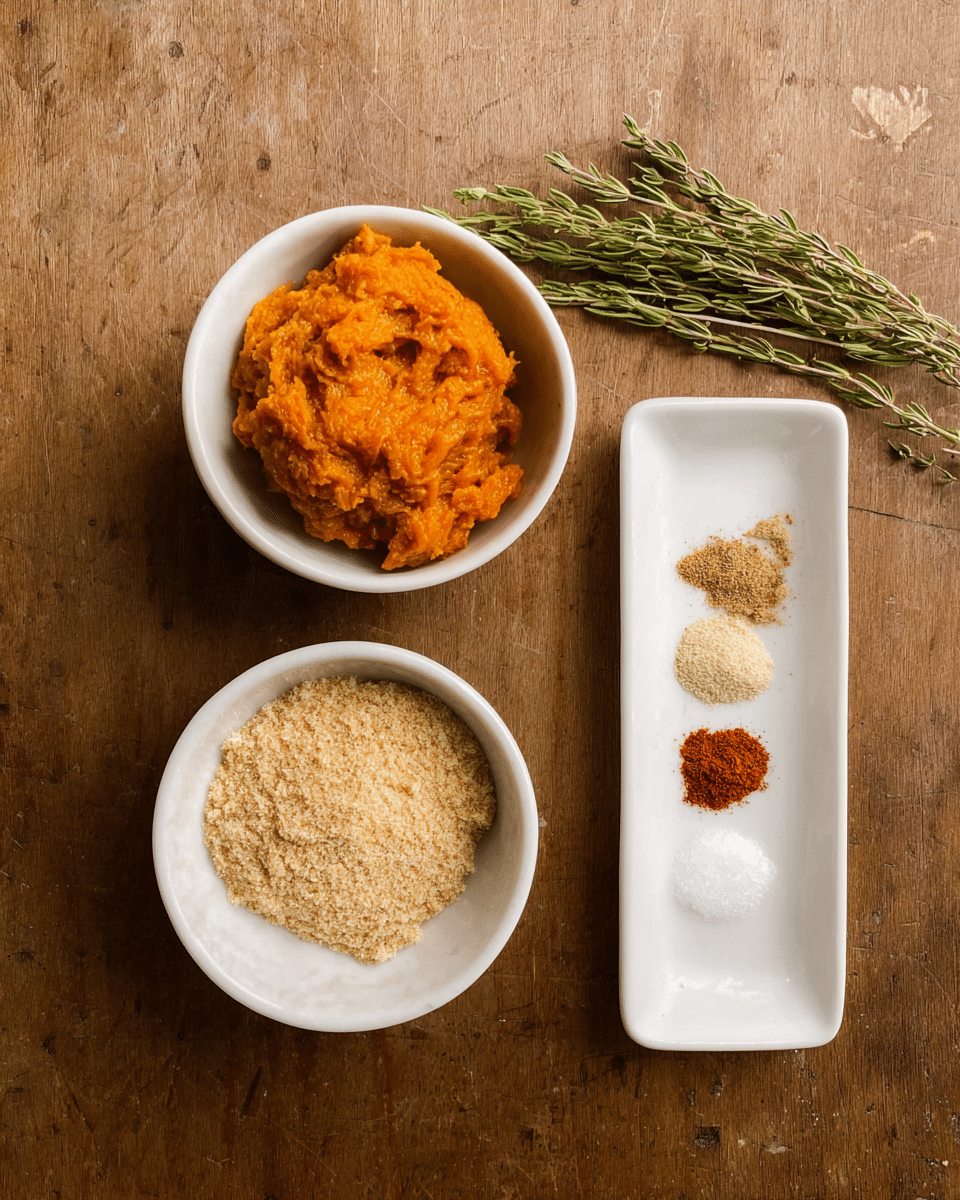 The image shows four small white dishes arranged on a table. The top left dish contains a thick, rough-textured orange paste, taking up most of the bowl’s space. Below it, a second white dish holds a fine, crumbly beige powder evenly spread across the bowl. To the right, there is a long, narrow white plate with four different spices arranged in neat horizontal lines from top to bottom: light brown, reddish orange, off-white, and bright white powders. Above this plate, several green herb sprigs lie diagonally on the surface. The dishes sit on a white marbled texture surface. Photo taken with an iphone --ar 4:5 --v 7