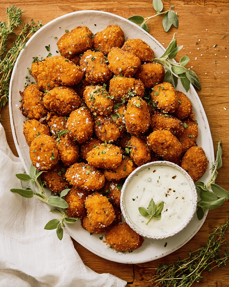 The image shows seven golden brown, crispy fried croquettes arranged in a semi-circle on a white plate. Each croquette looks rough textured with some small green herb leaves and coarse salt sprinkled on top. To the left side of the plate, there is a small white dipping bowl with a creamy white sauce inside. The plate sits on a white marbled surface. photo taken with an iphone --ar 4:5 --v 7