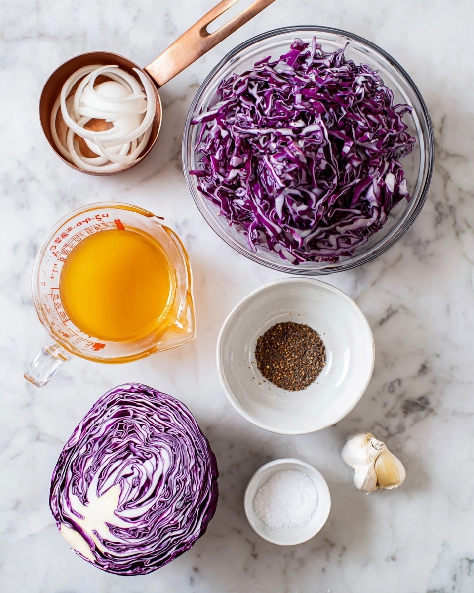 The image shows ingredients arranged on a white marbled surface: in the center right, a clear glass bowl holds shredded purple cabbage with white streaks; below it is a half head of purple cabbage showing its layered pattern. To the left side, there is a glass measuring cup filled with orange liquid, above it a small white bowl with brown cumin seeds, and above that a copper measuring cup with thinly sliced white and purple onions. There are two small white dishes, one with white granulated sugar and another with coarse salt, plus a single garlic clove near the sugar dish. All items are neatly placed and clearly visible. Photo taken with an iphone --ar 4:5 --v 7
