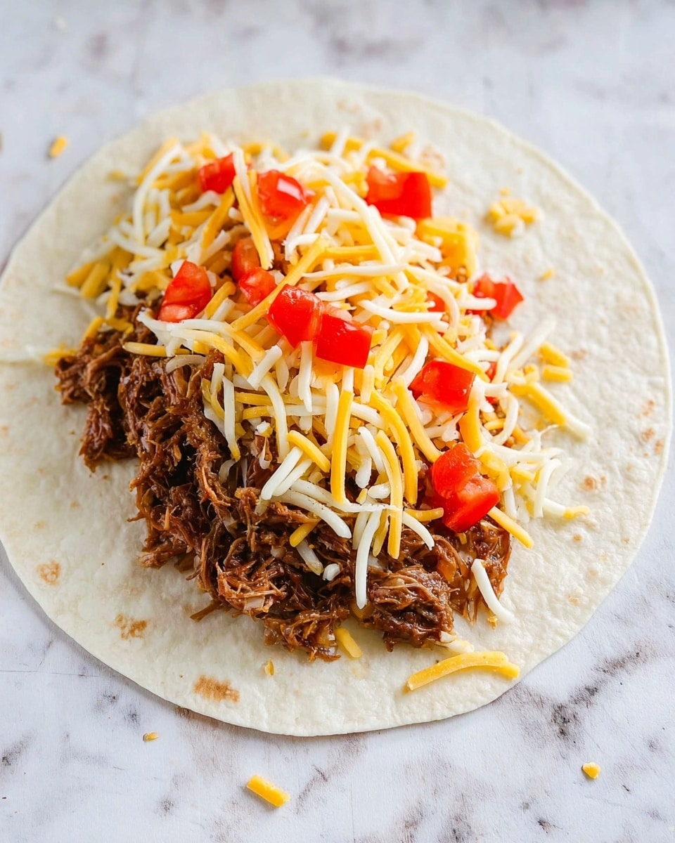 A white tortilla is laid flat on a white marbled surface. On the tortilla, there is a middle layer of mixed shredded cheese with white and yellow strands spread evenly. On top of the cheese, there is a layer of brown shredded cooked meat in the center. Scattered on the meat small, bright red chunks of tomato add color contrast. Photo taken with an iphone --ar 4:5 --v 7