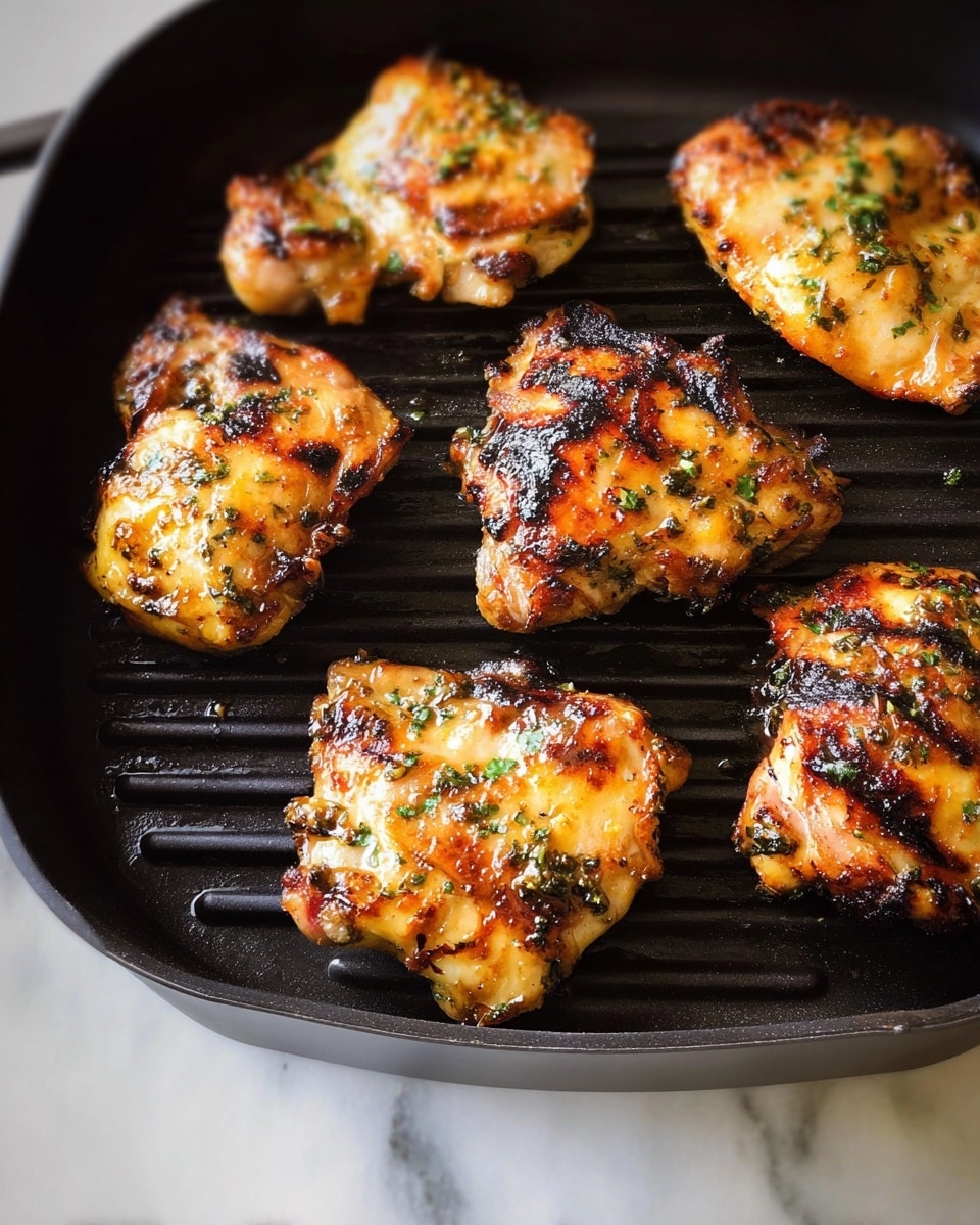 Several pieces of grilled chicken thighs are arranged in a black grill pan with ridges. The chicken is cooked to a golden brown with slight char marks and topped with small green herb bits. The surface under the pan is a white marbled texture. The photo is taken with an iphone --ar 4:5 --v 7