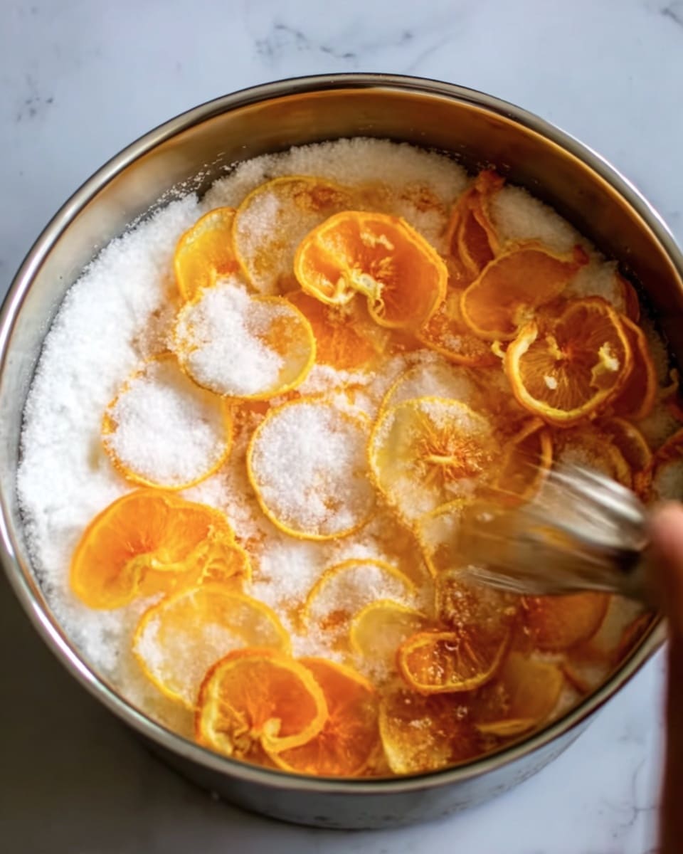 The image shows a silver pot filled with layers of thin, round orange slices and a thick layer of white sugar sprinkled on top. The orange slices have a bright and slightly translucent look, with some pieces showing seeds and peel texture. The sugar looks granulated and covers most of the orange slices evenly. A blurred motion of a woman's hand stirring the mixture is visible on the right side. The background surface is a white marbled texture. photo taken with an iphone --ar 4:5 --v 7